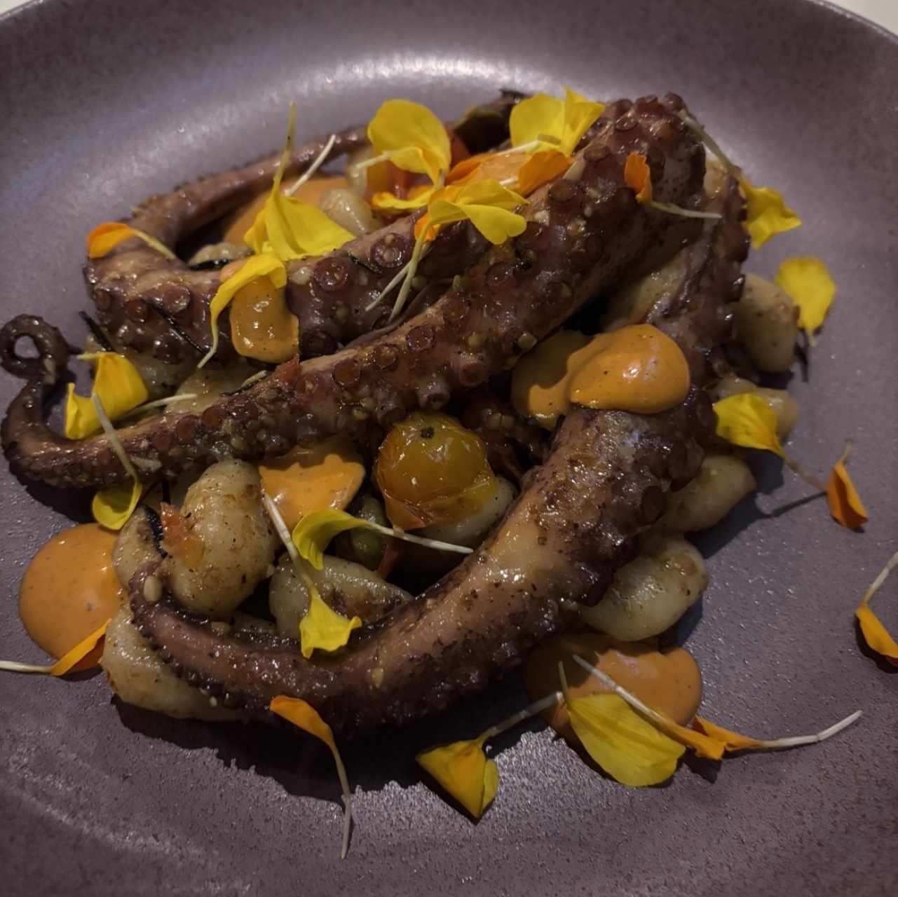 Pulpo al grill con gnocchi de papa