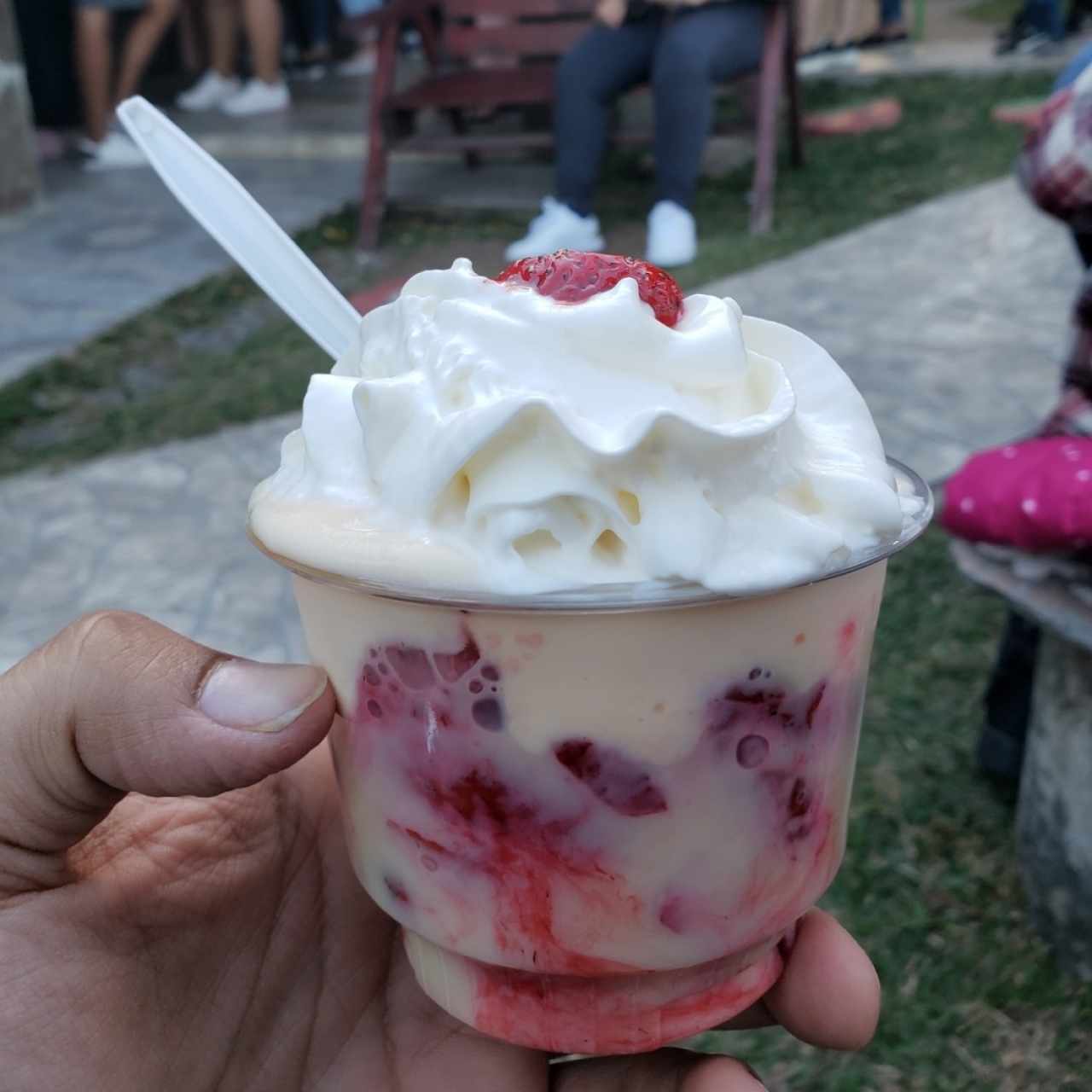 Fresas con crema, natilla y leche condensada