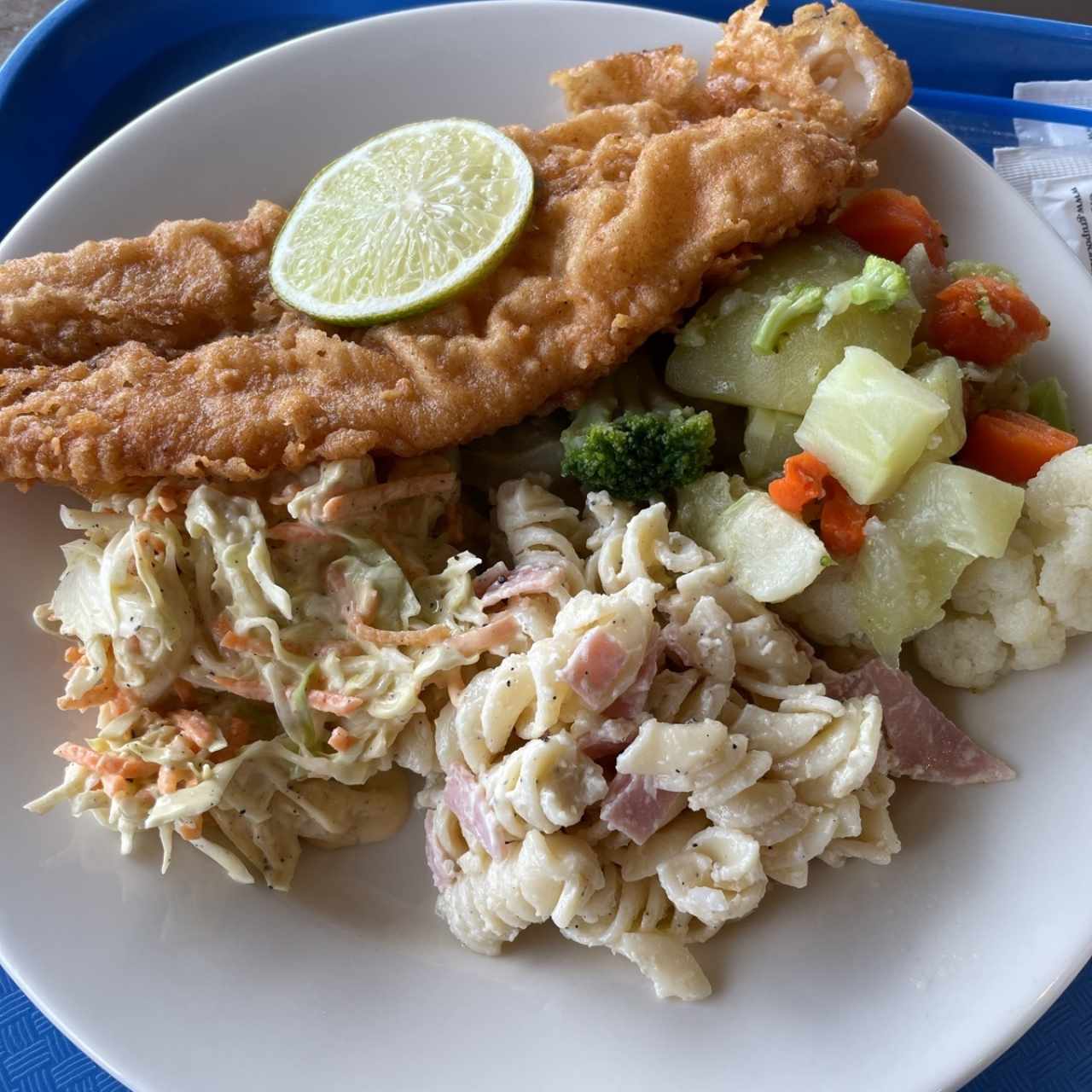 filete de pescado con vegetales y ensalada
