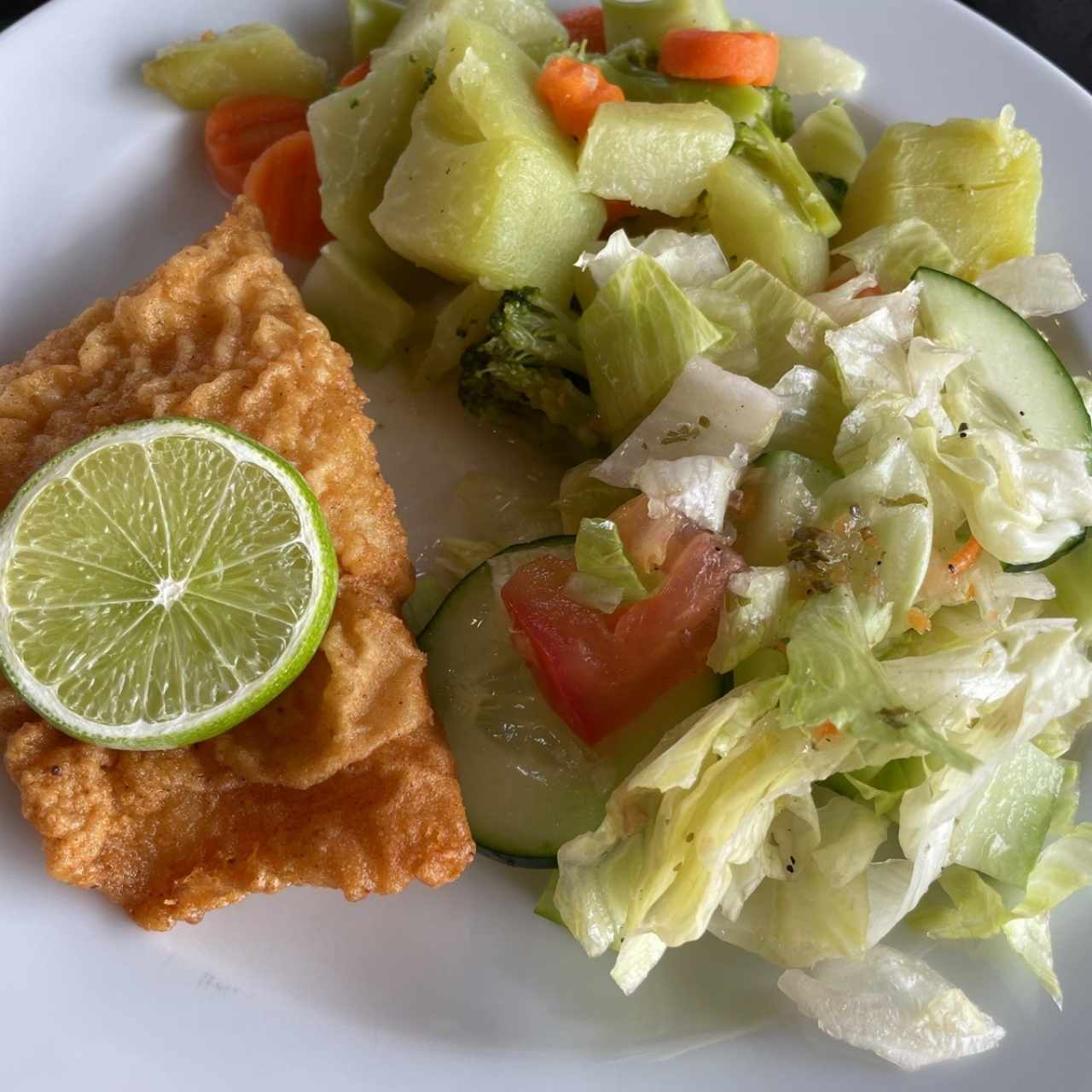 Pescado con vegetales y ensalada