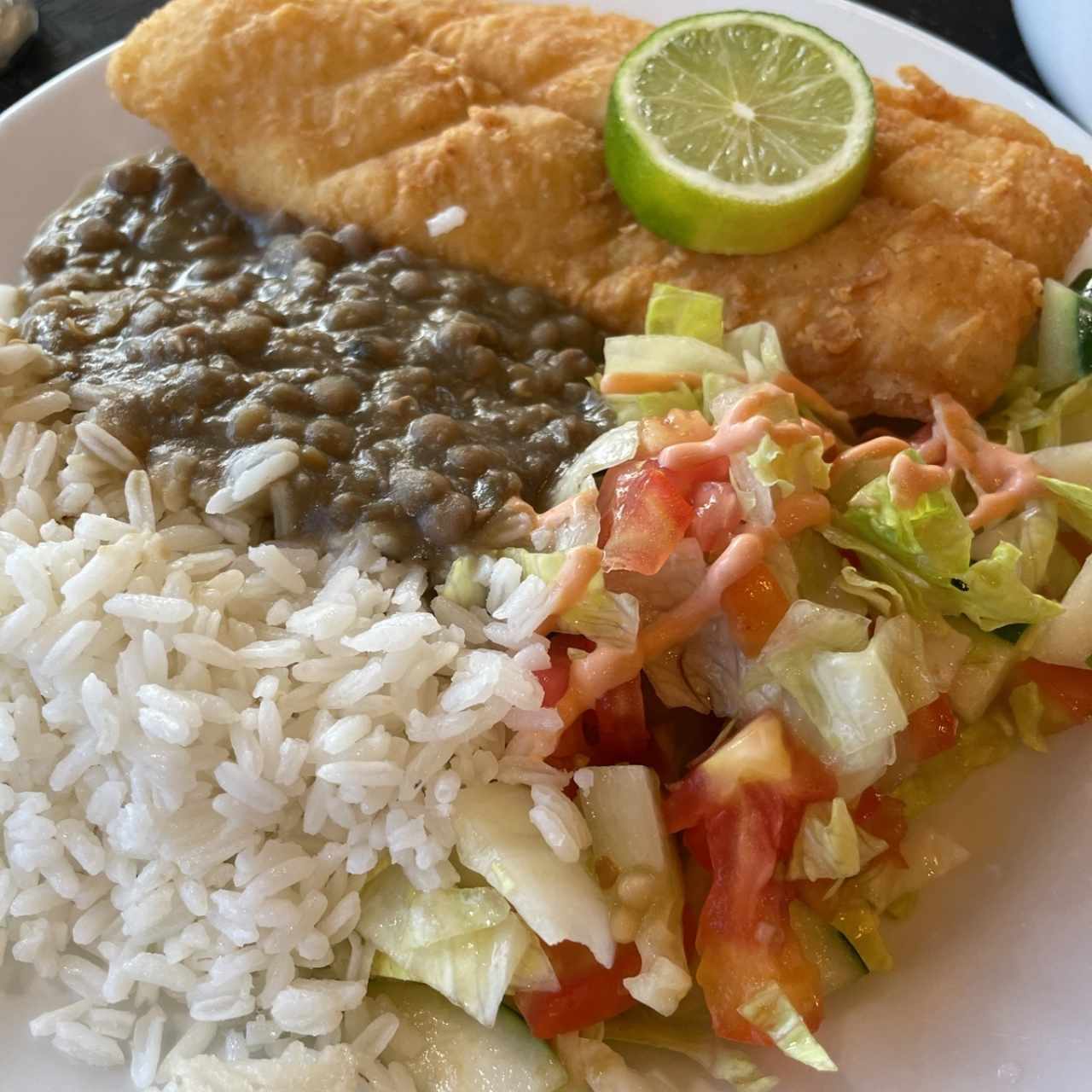 Pescado con arroz, lentejas y ensalada