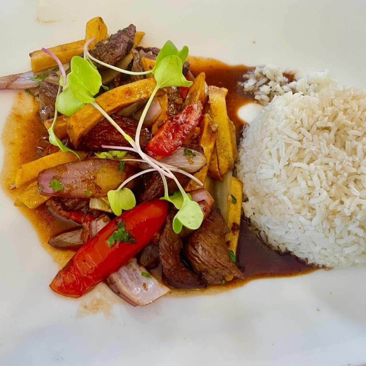 LOMITO SALTEADO (Trozos de Filete Salteado al Momento, con Cebolla, Tomate, Salsa de Soya y Papas Fritas)