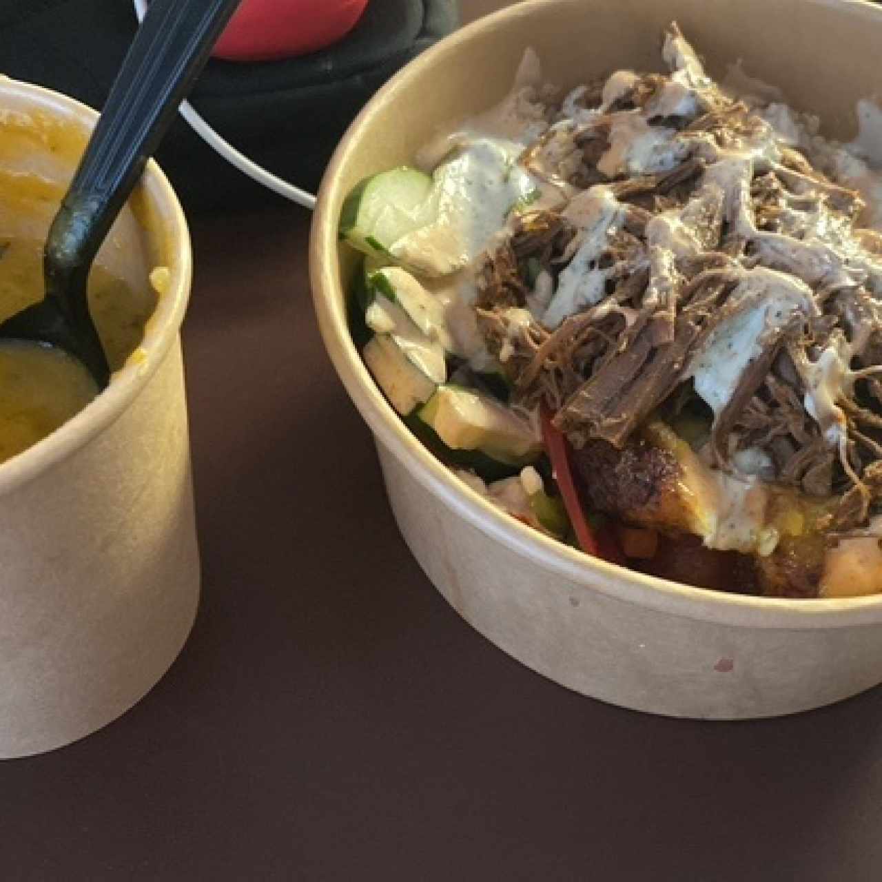 Steak bowl y crema de zapallo 