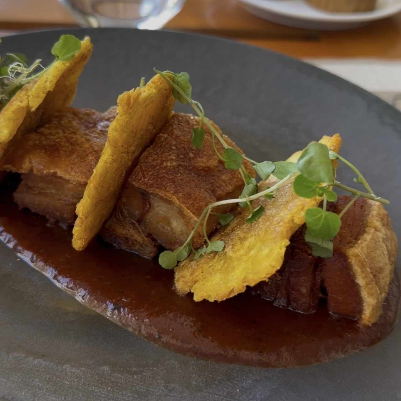 Chicharrón de Pork Belly con Patacones, Salsa BBQ