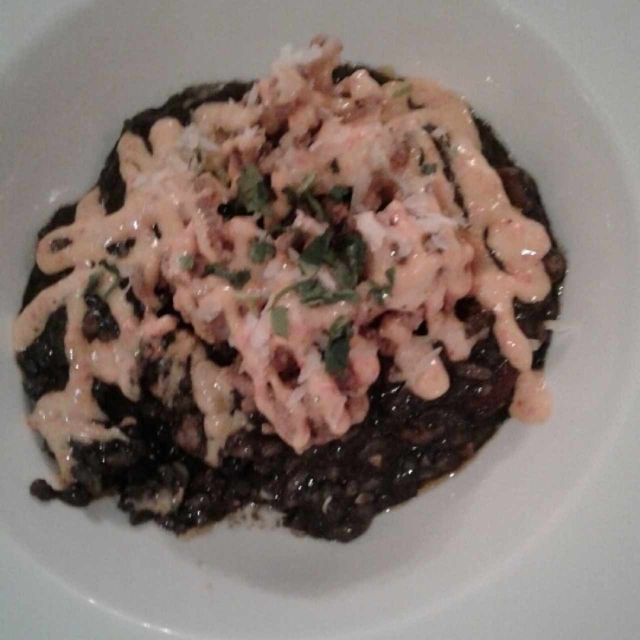 Risotto negro con calamares y chicharron de arañitas