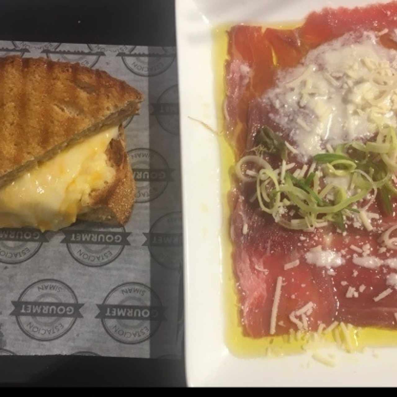Carpaccio de lomito y sandwich de 3 quesos