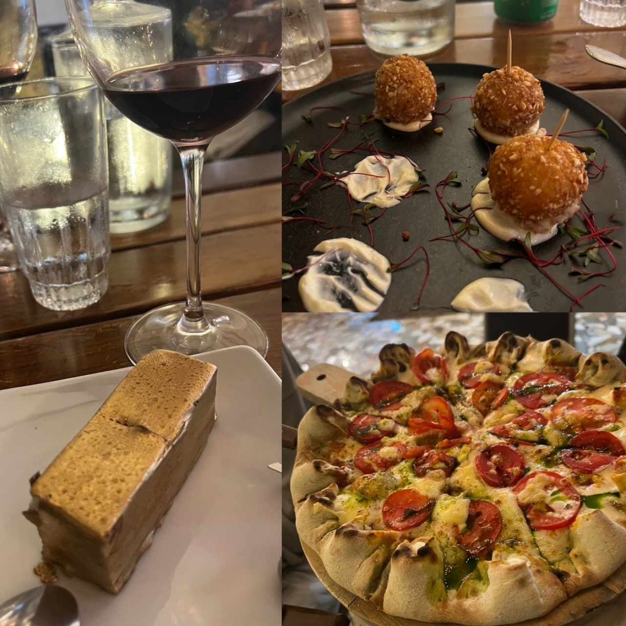 Croquetas; pizza margarita y un lingote de brownie