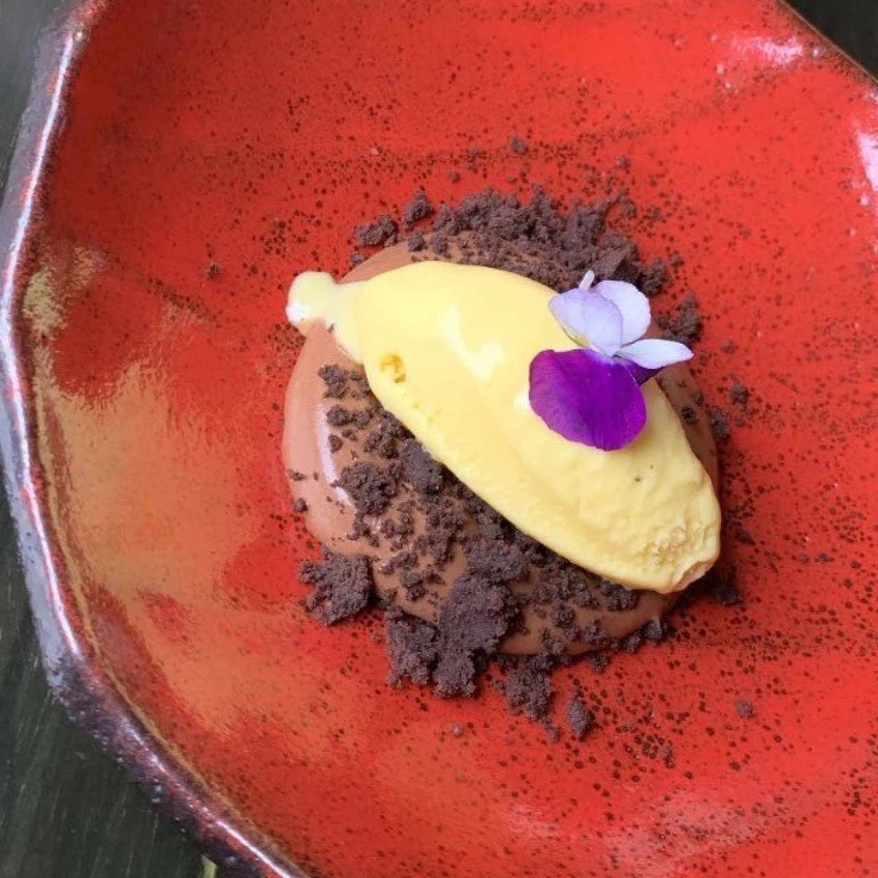Falsa creme brulle de chocolate & helado de elote