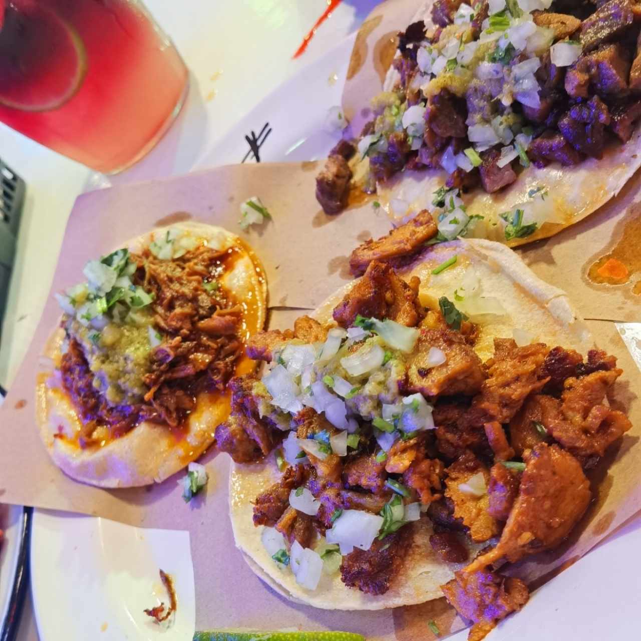 Tacos de Birria, asada y Pastor. 