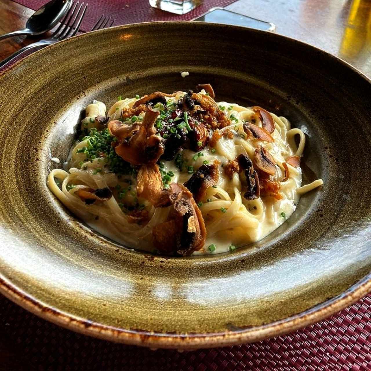 Pasta Parmigiano con Hongos, tomates secos y pollo