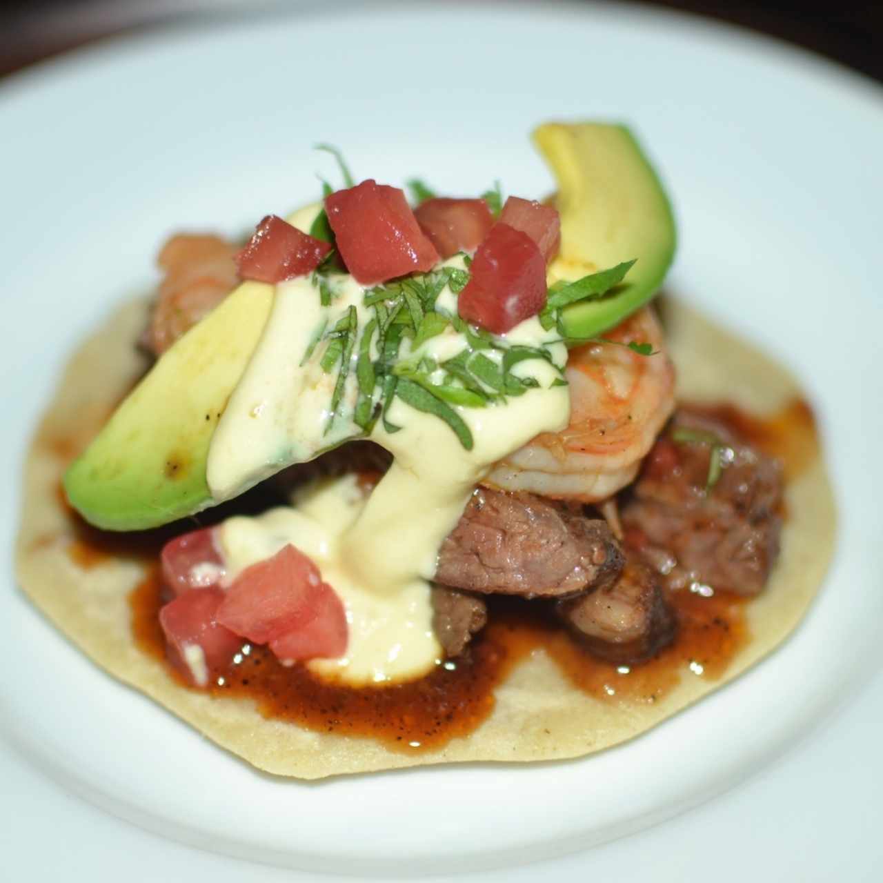 tacos de entraña y camaron
