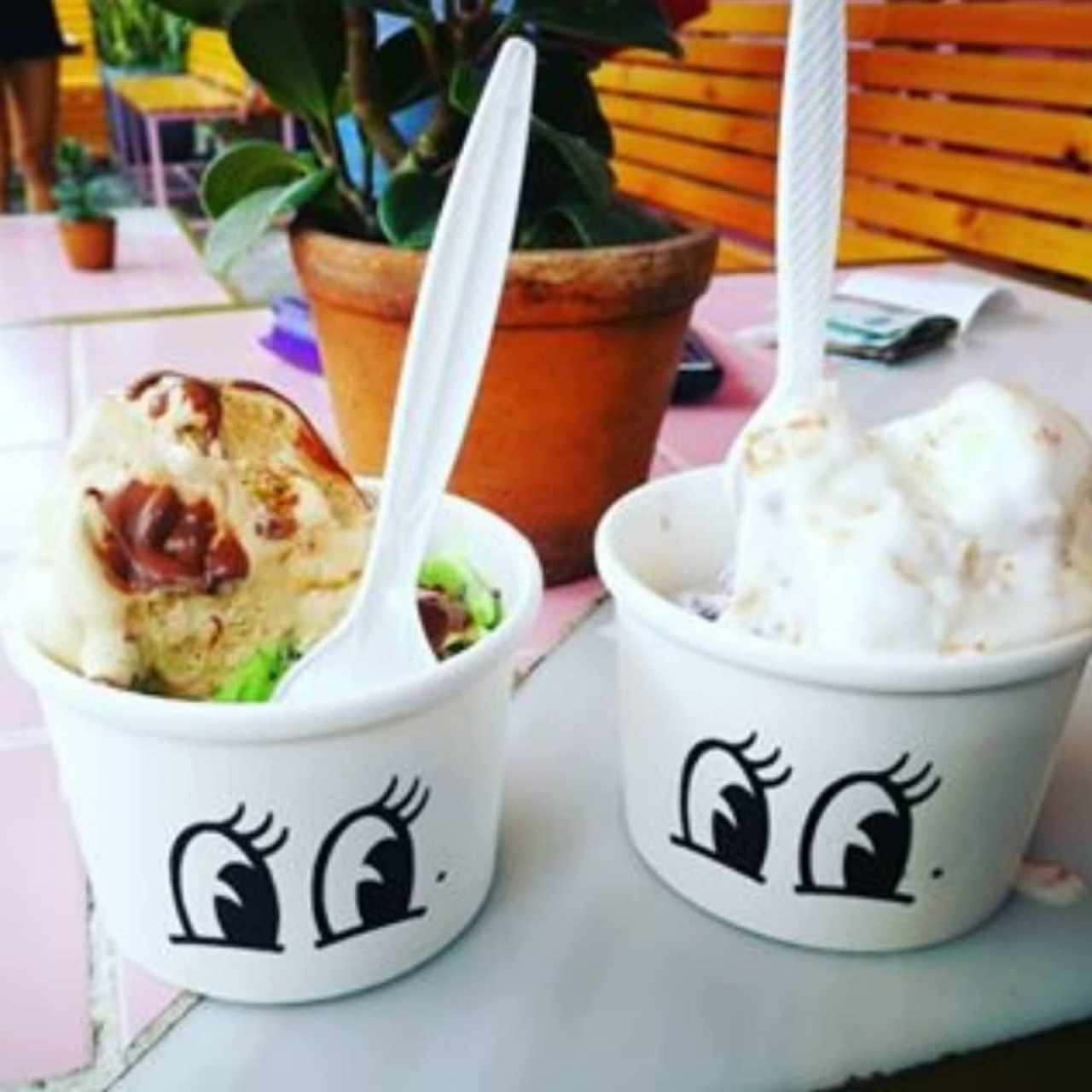 Helado de chocomenta y tiramisú / coco y flor de lavanda