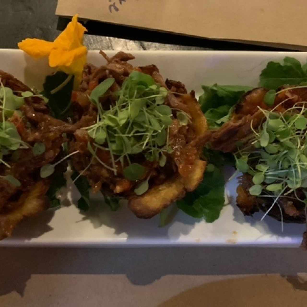 Tostones de plátano y carne mechada / Plantain tostones with shredded beef