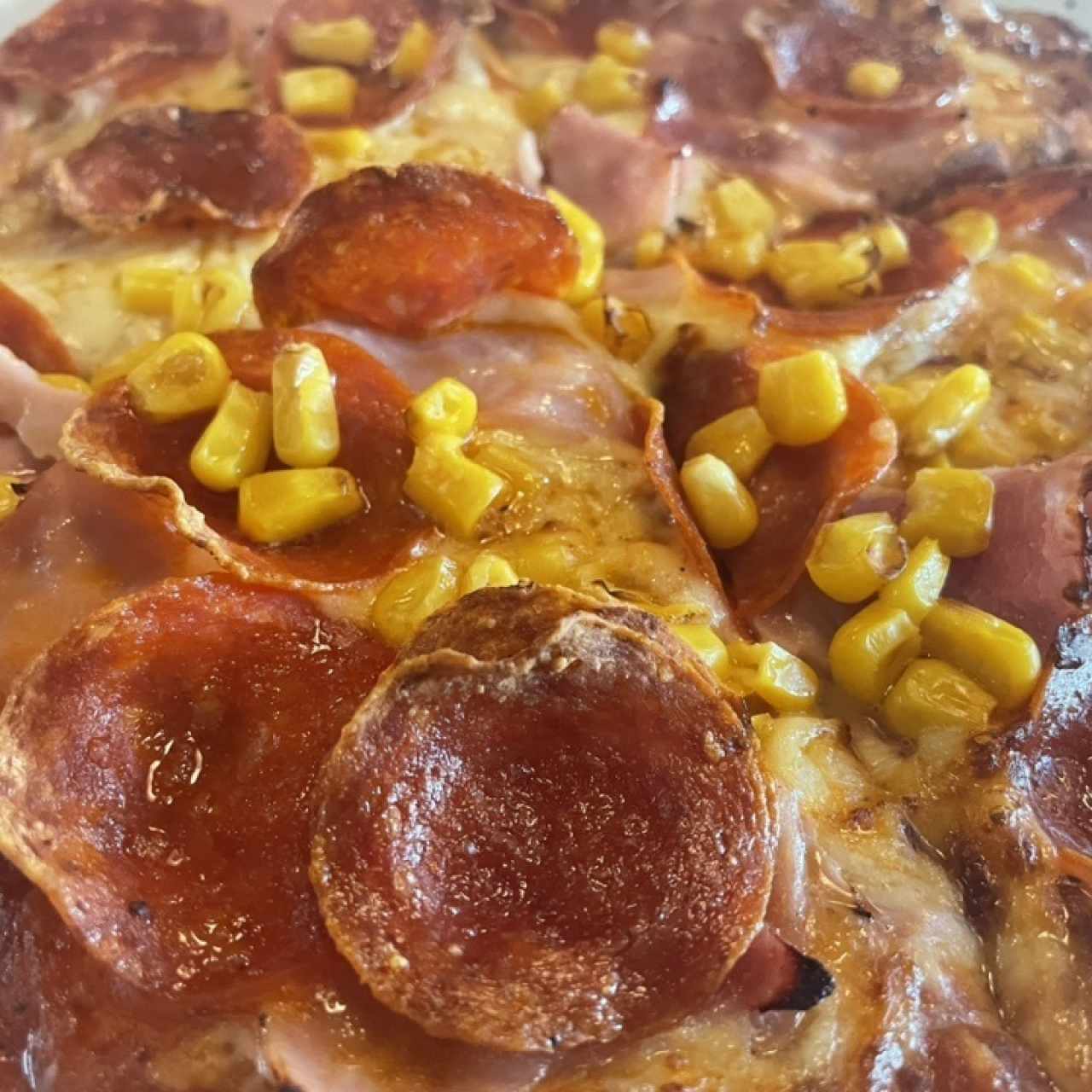 Pizza de jamón, peperoni y maiz 