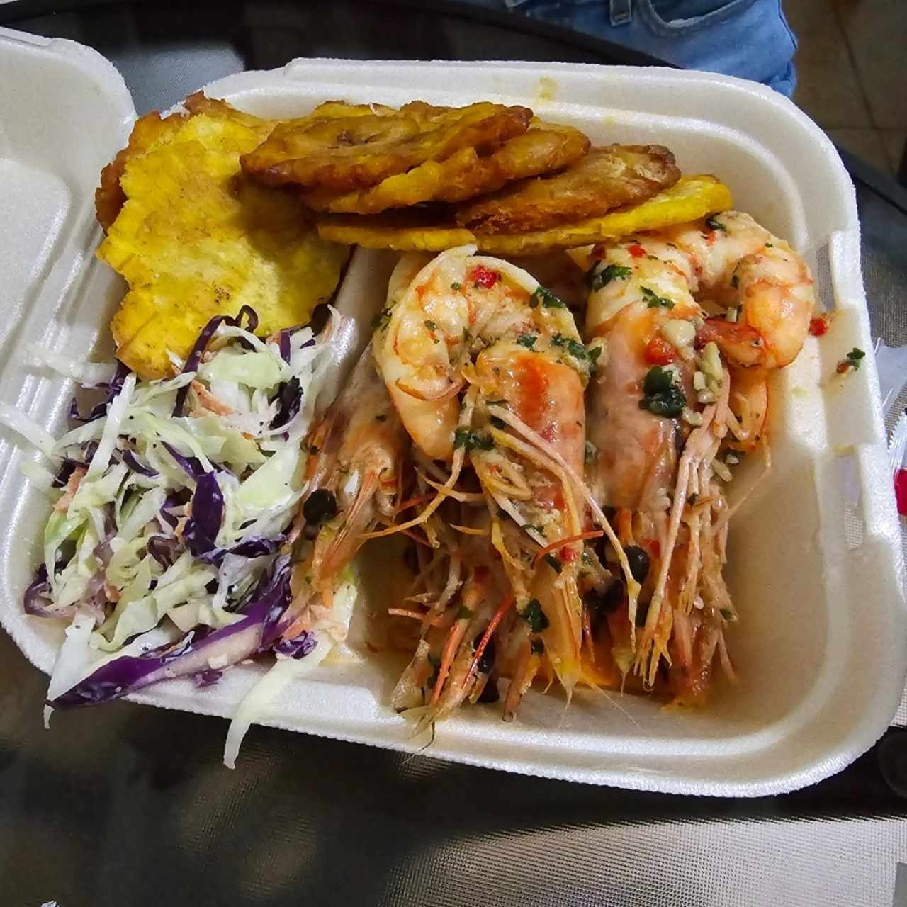 Langostinos in Garlic butter,Plantain or rice +slaw