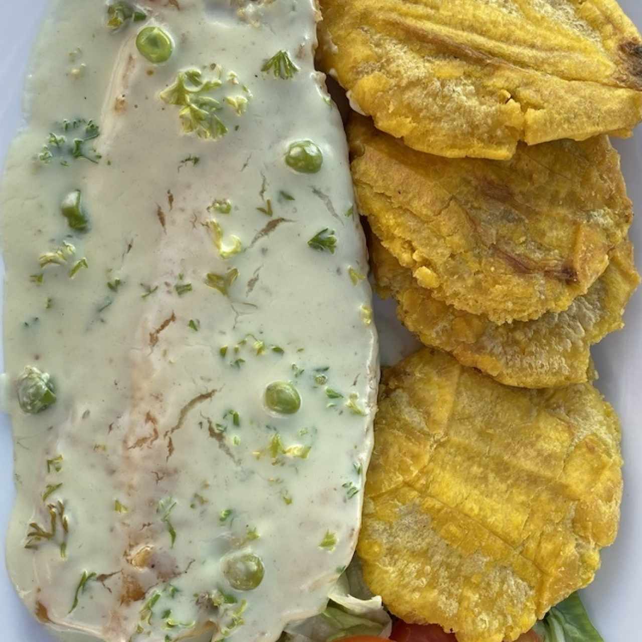 Filete corvina a la caribeña bañado en salda de coco con patacones