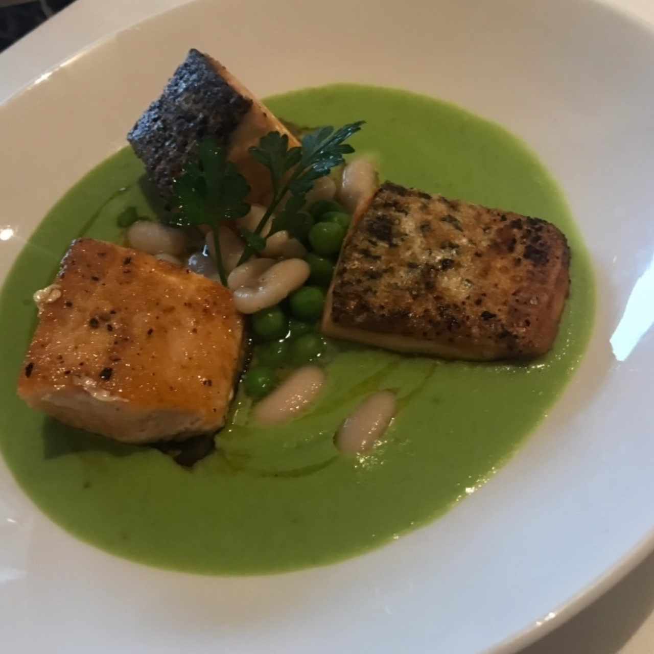 Mi-cuit de Salmón a la sartén, salsa verde de guisante y judías blancas