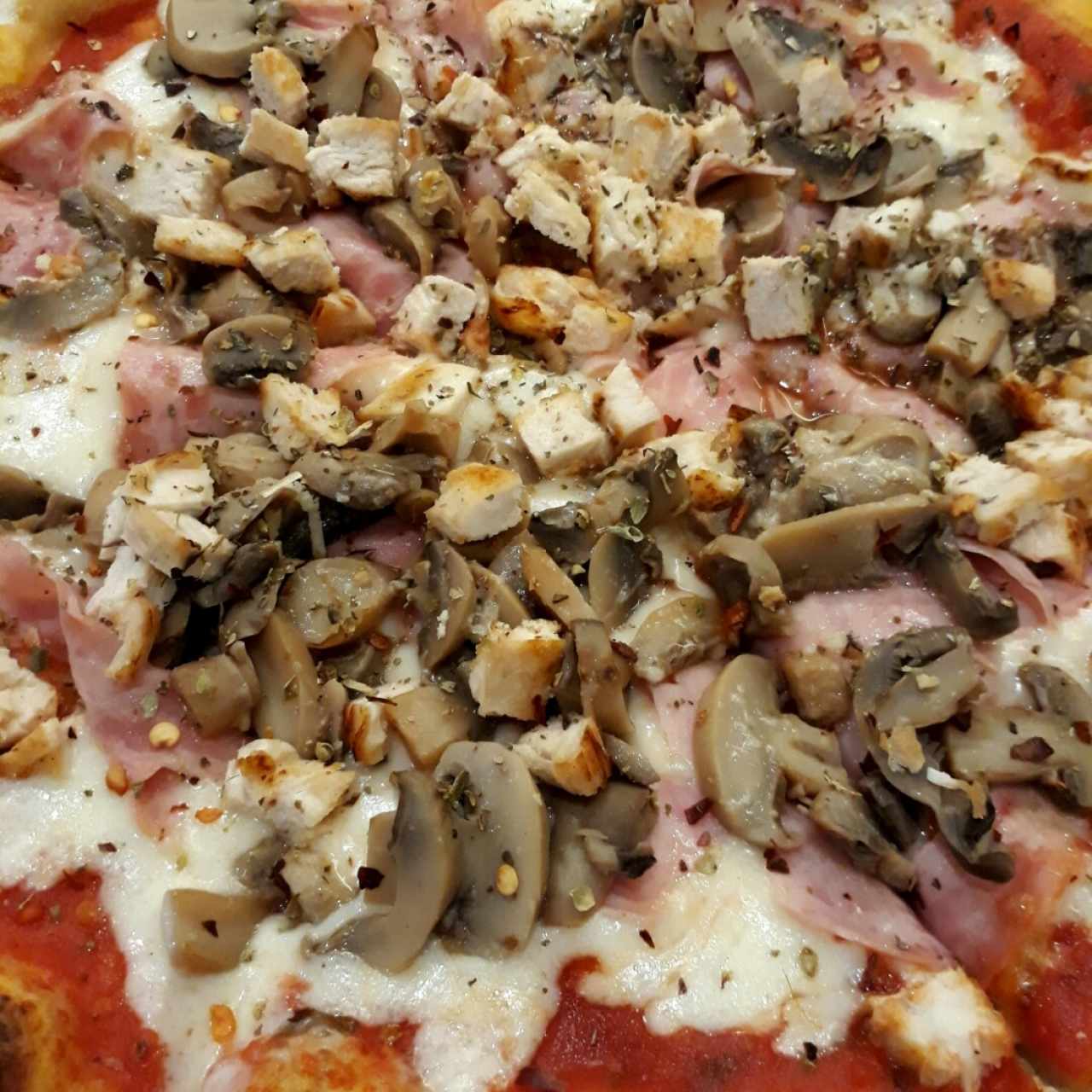 Pizza de Jamon con Champiñones y extra de Pollo