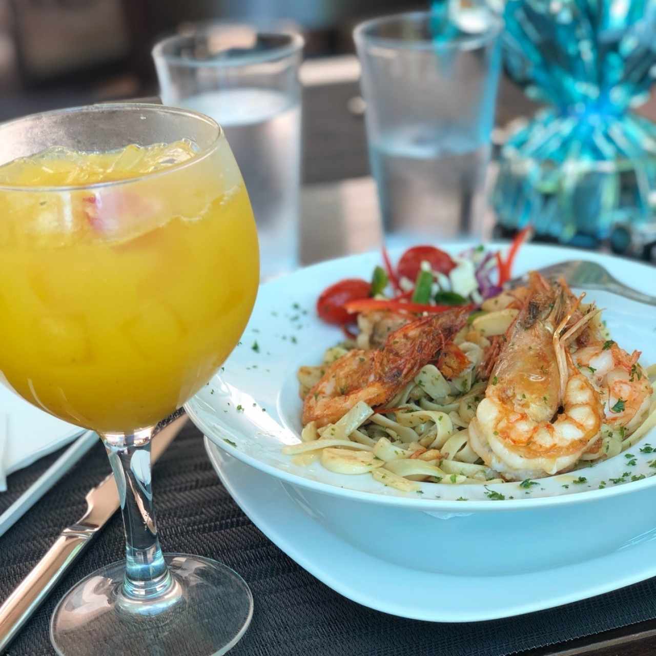 Pasta con langostinos al óleo
