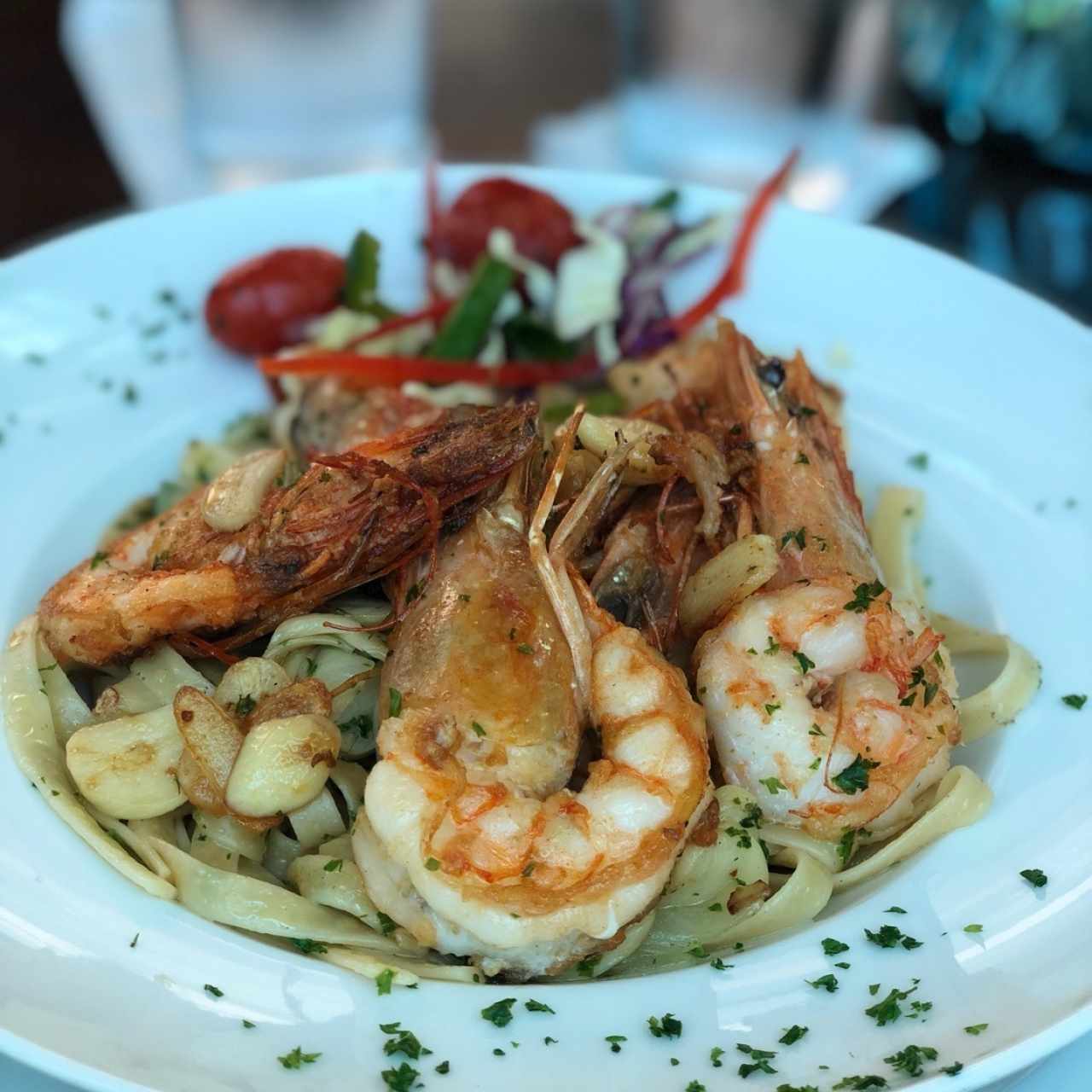 Pasta con langostinos al óleo