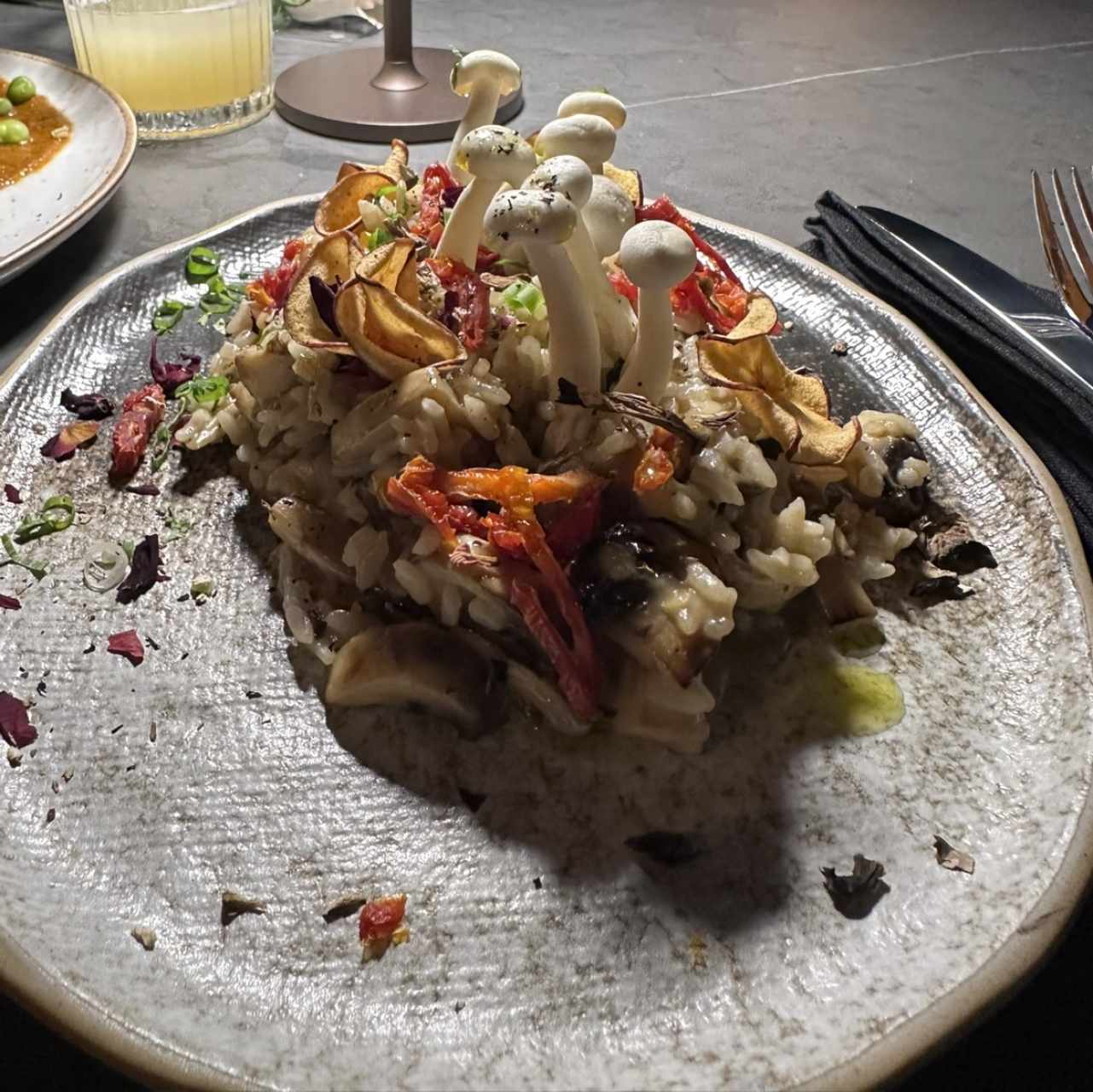 Arroz gratinado con fungi + manzana deshidratada + especias ✨ Una mezcla inesperada que simplemente funciona: dulce, salado y full sabor en cada bite 🤍🔥. Texturas cremosas con ese toque crunchy que lo lleva a otro nivel… literal, un placer al paladar.  Marula tiene ese vibe exótico y acogedor que te atrapa desde que llegas 🌿✨ perfecto para date night o un chill hangout con amigos.