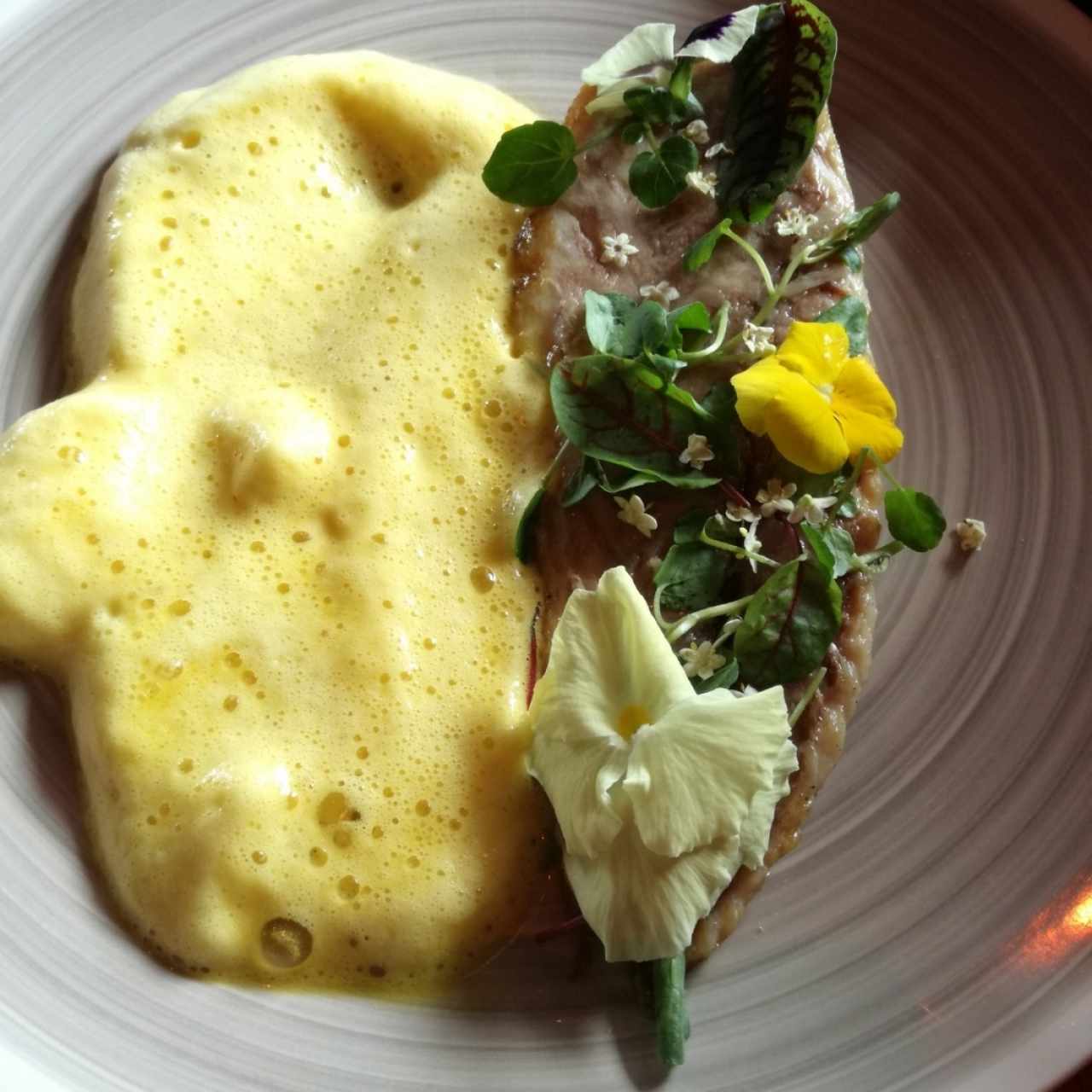 Corvina en salsa de azafrán, palmito y camote