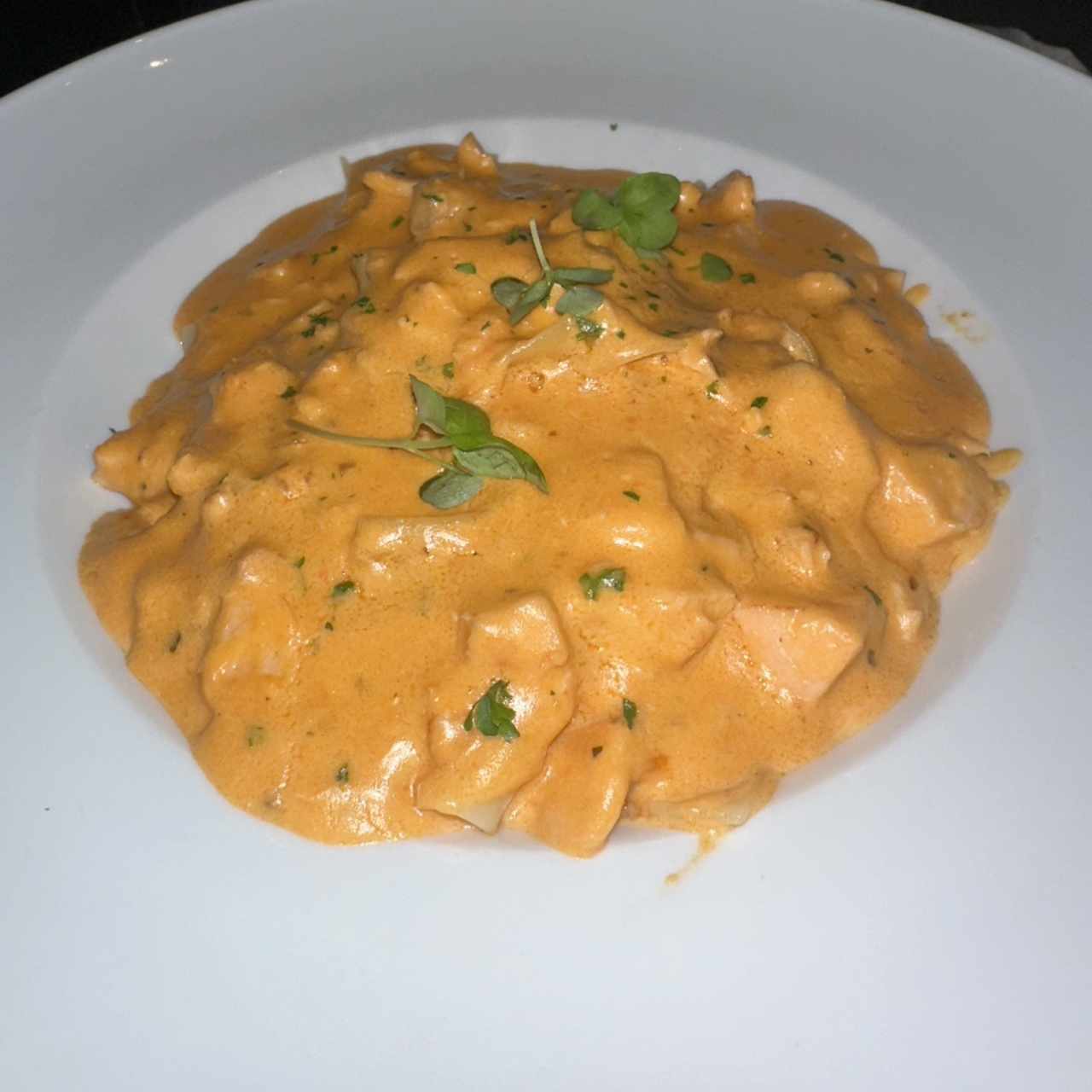 salmon, vodka- tomato cream pasta 