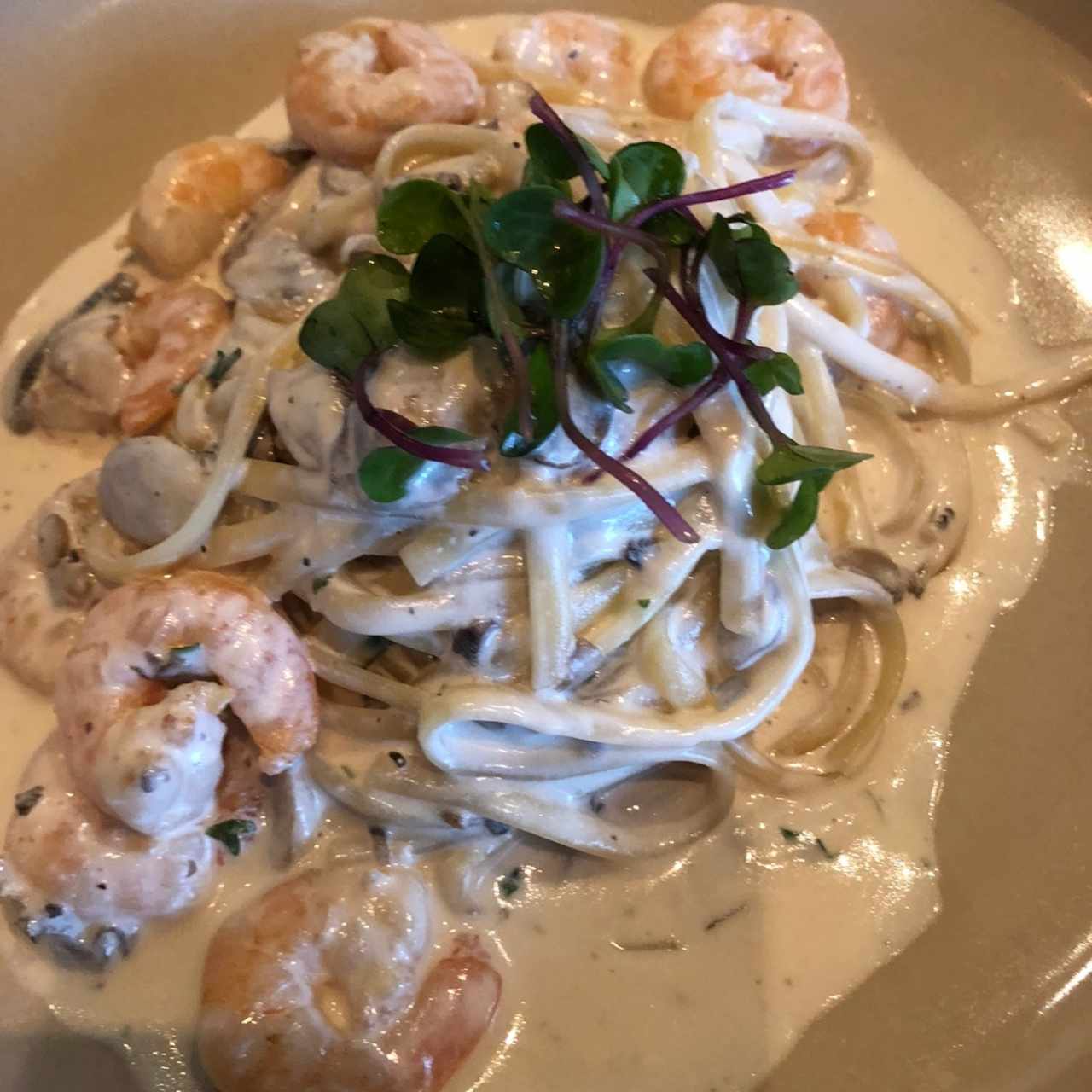 Pasta camarones y hongos