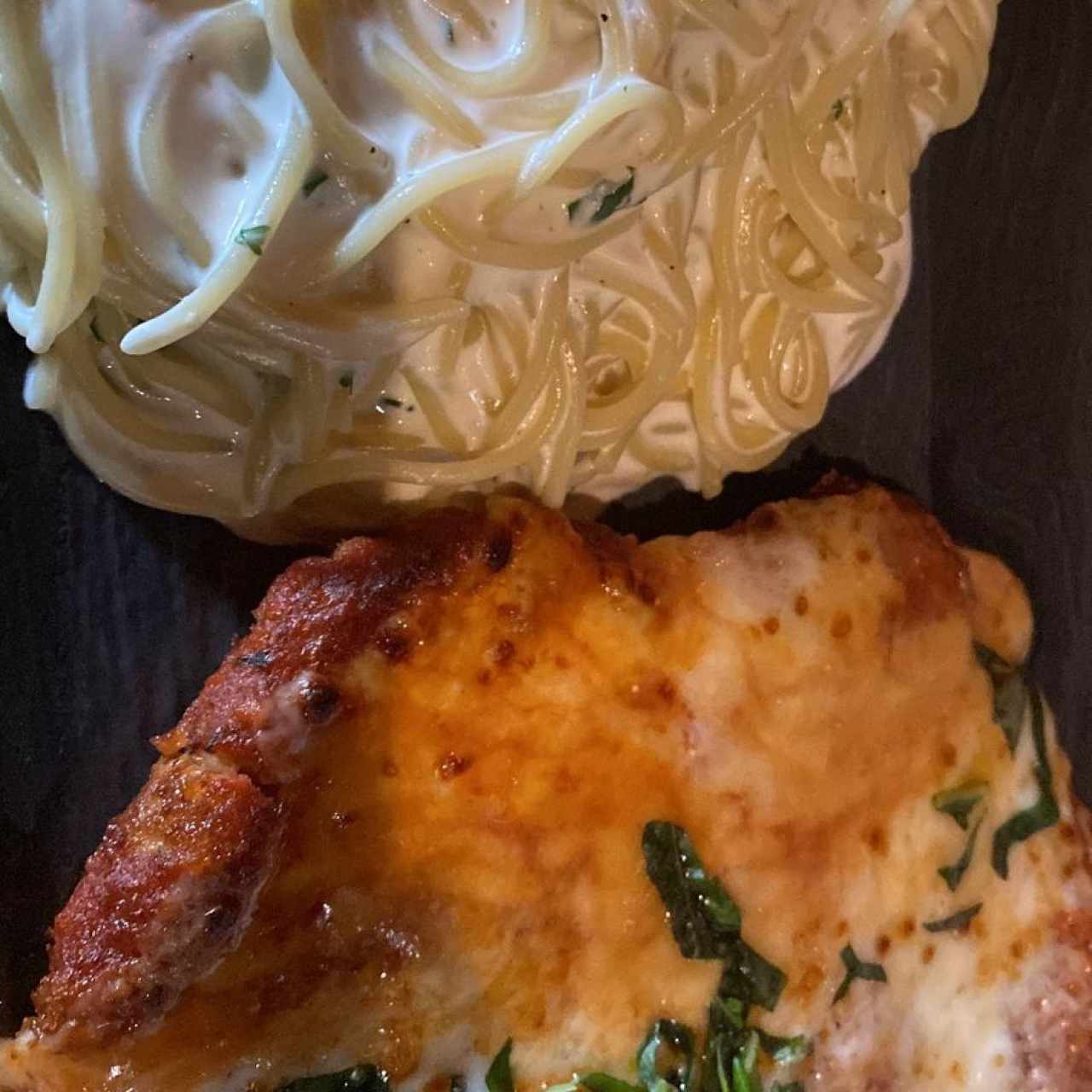 Filete de pollo a la parmigiana con pasta en salsa blanca. 