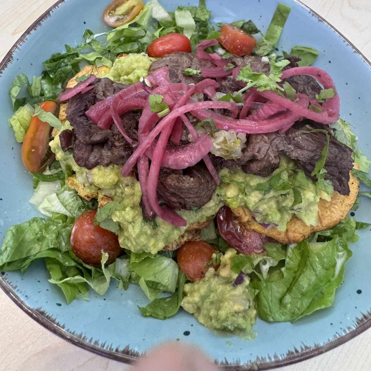 Dos patacones asados con aceite de oliva, cubiertos de guacamole, entraña, chimichurri y cebolla encurtida, sobre ensalada de lechuga y tomate con aderezo de limón