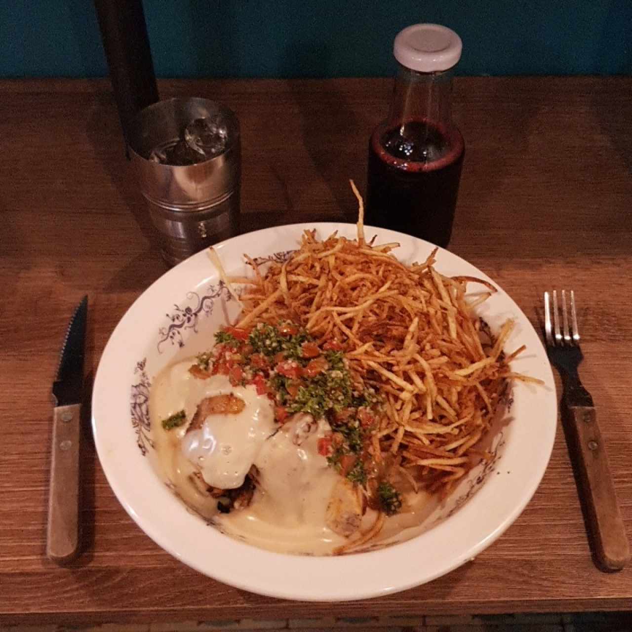 pollo al grill bañado en crema de papa 