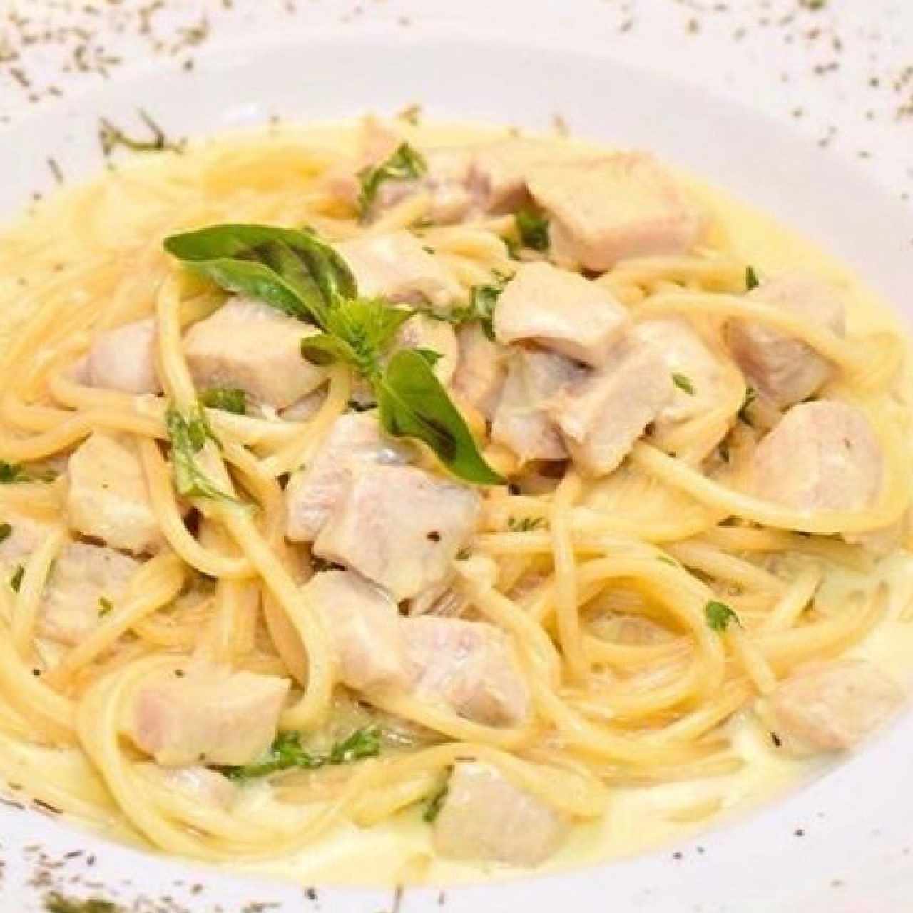 pasta en salsa banca y pollo 