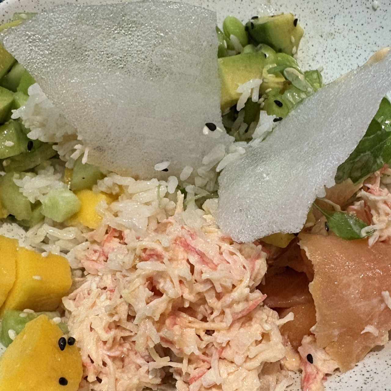 Bowl de aguacate, pepino, cangrejo y salmon