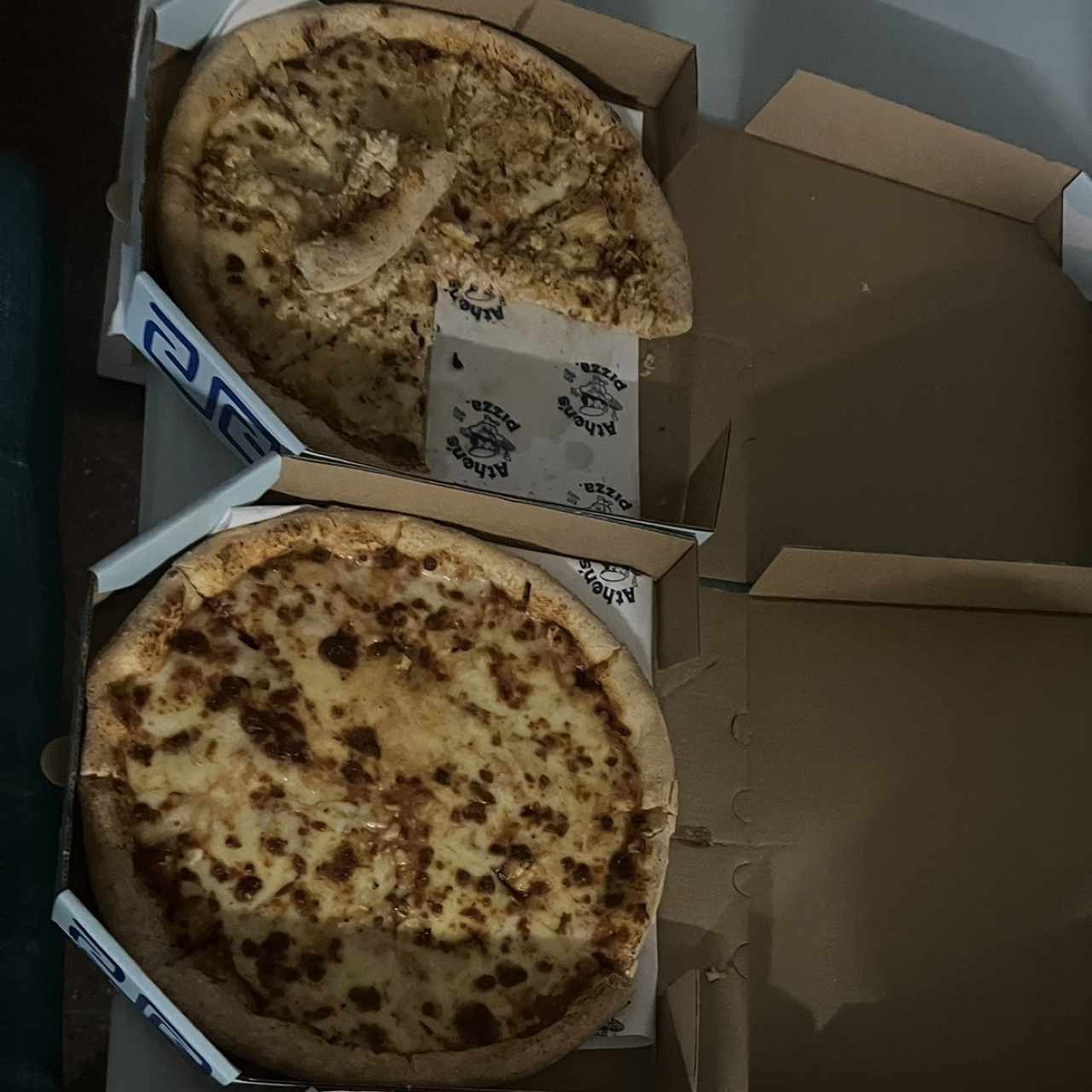 Pizza de pollo y pizza de ajo 