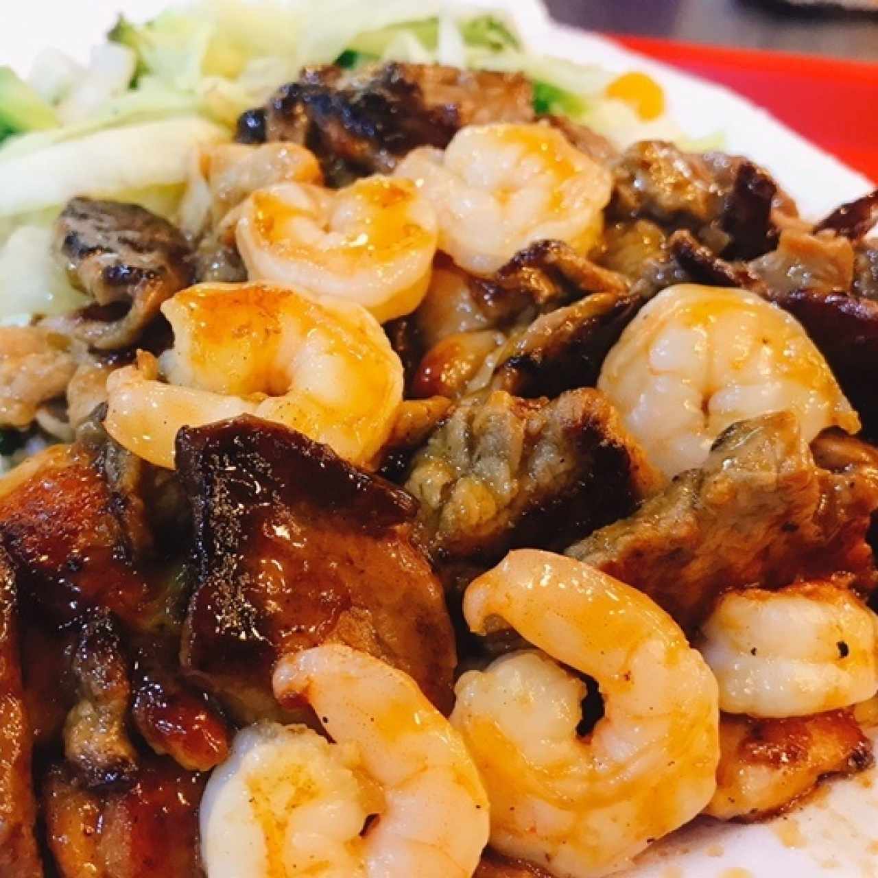 carne, pollo, camaron teriyaki