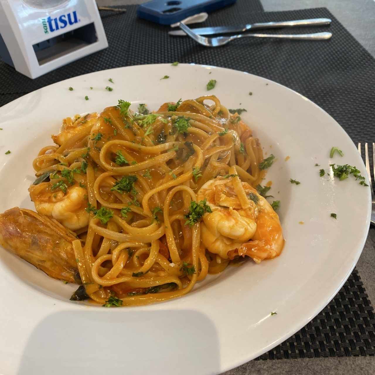 Linguine Nero Di Sepia con Langostinos a la Pizzaiola