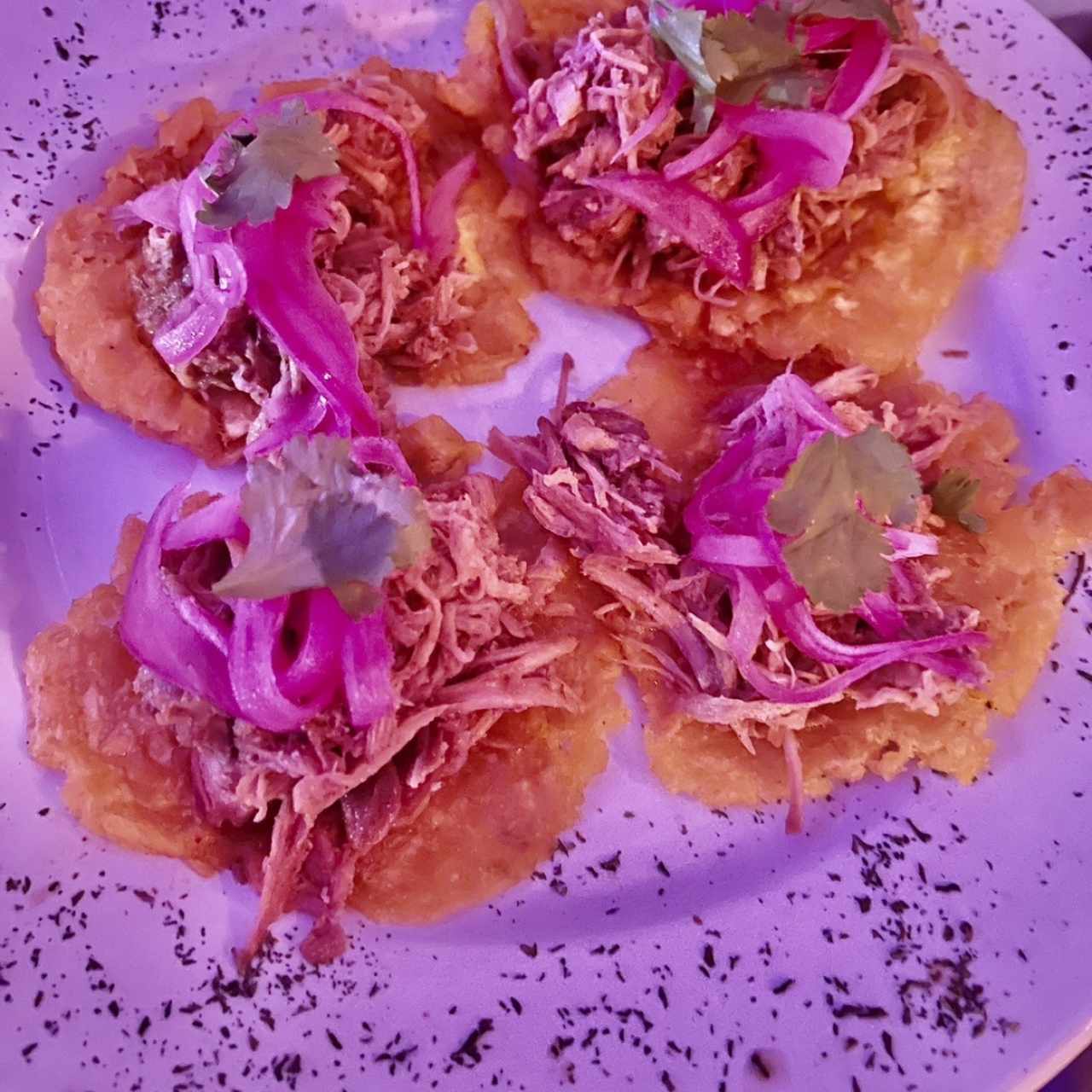 Tostones de Puerco Desmechado con Cebolla Encurtida