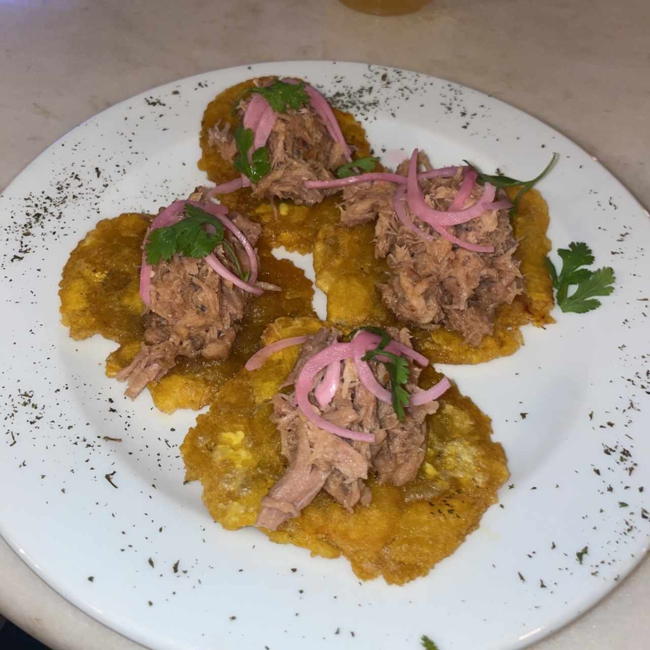 Tostones de Puerco Desmechado con Cebolla Encurtida