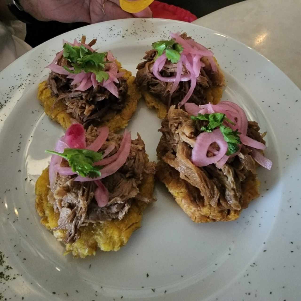 Tostones de Puerco Desmechado con Cebolla Encurtida