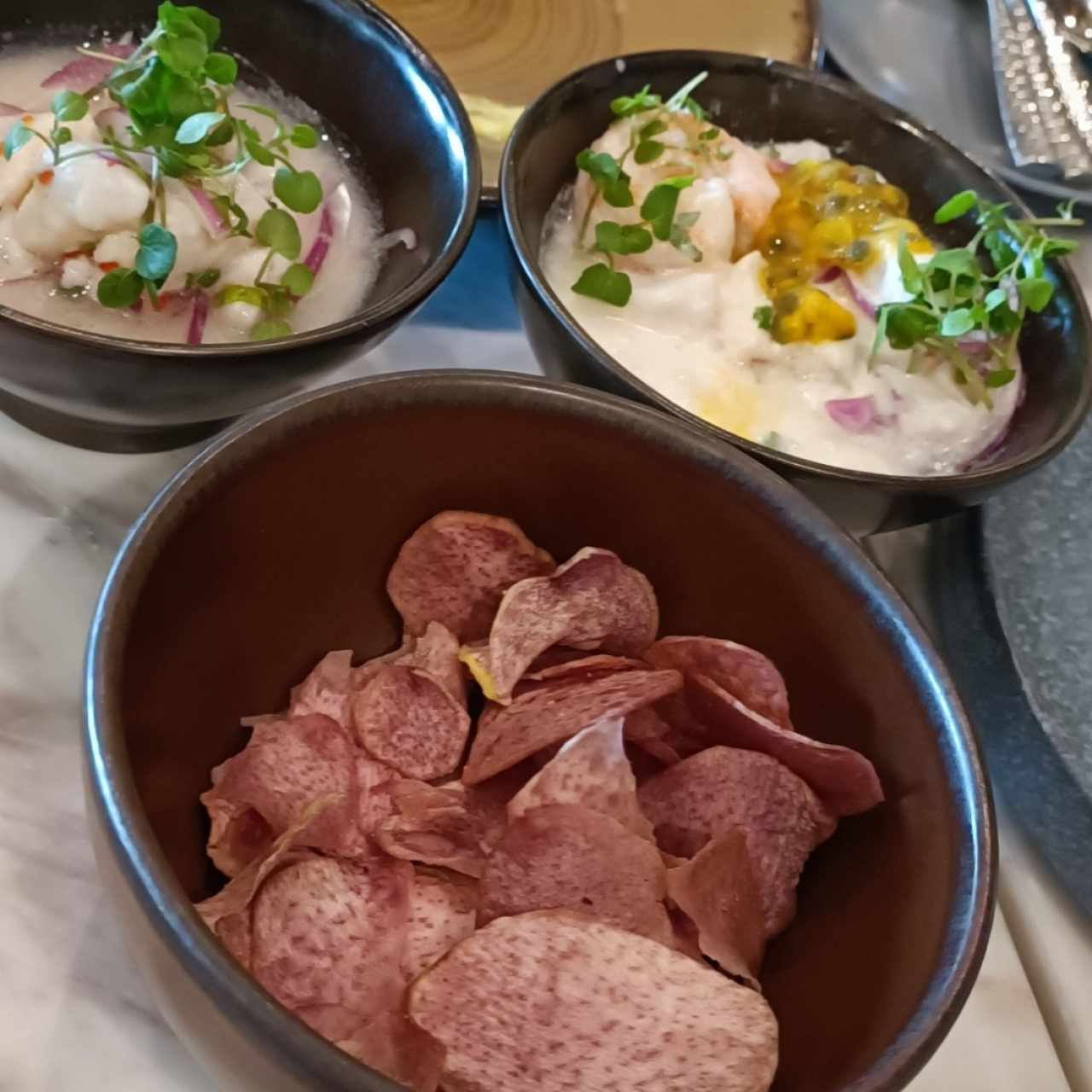 Ceviches - Clásico y ceviche rompe colchón con chips de otoe