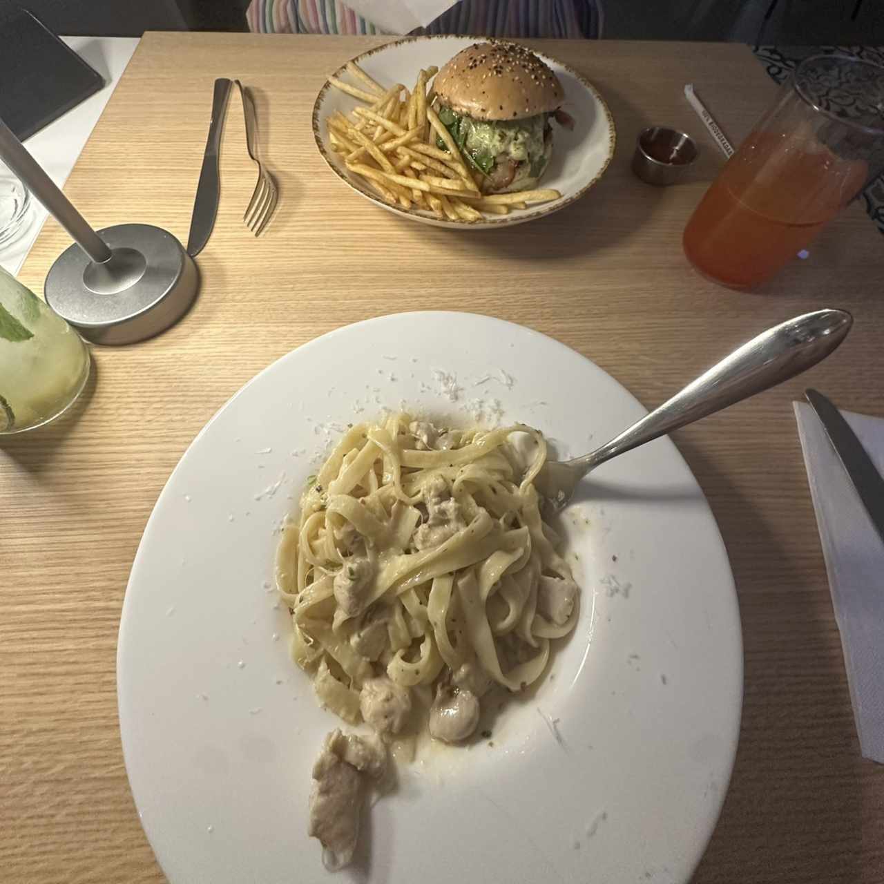 Chicken, Alfredo, and a burger