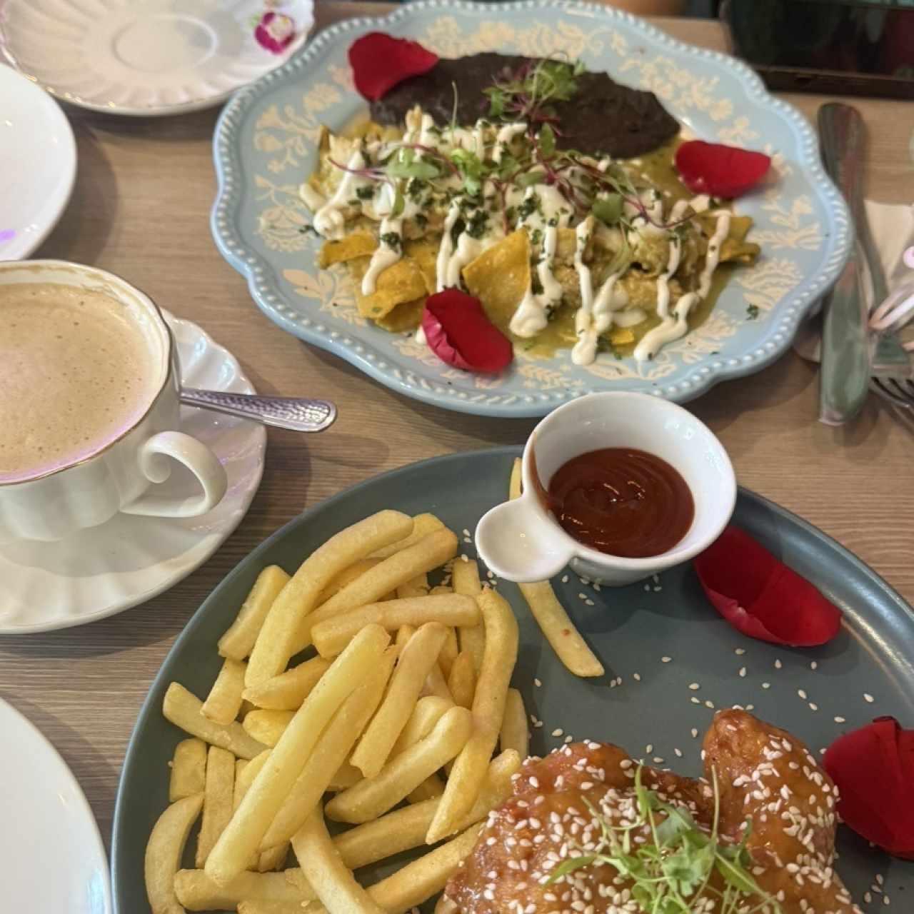 Cappucino, chilaquiles, chicken fingers 