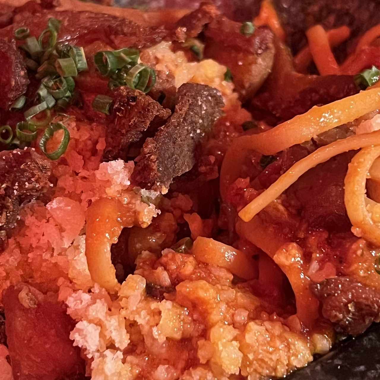 Linguini a la amatriciana con crispy pork belly