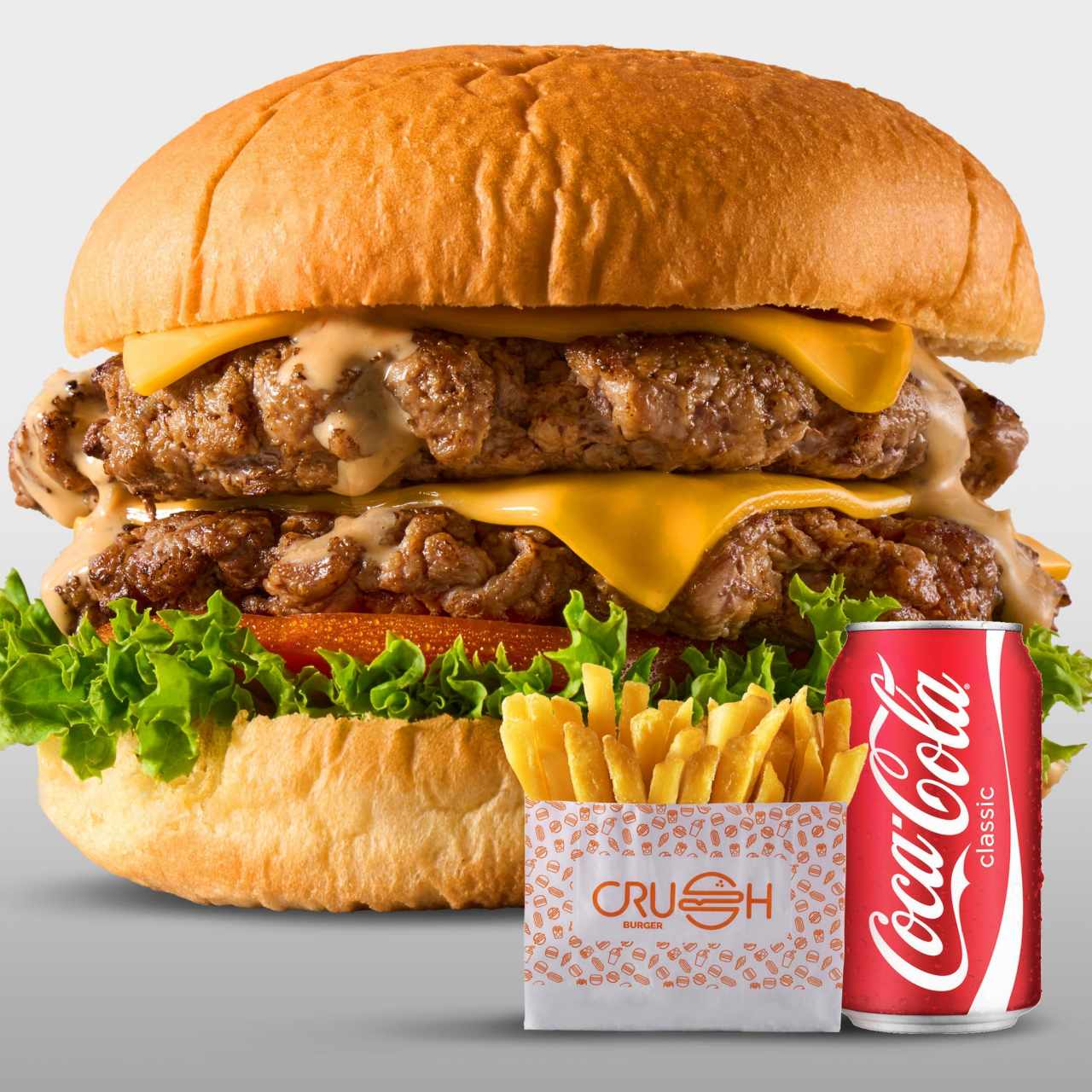 Double Crush burger + papas + soda