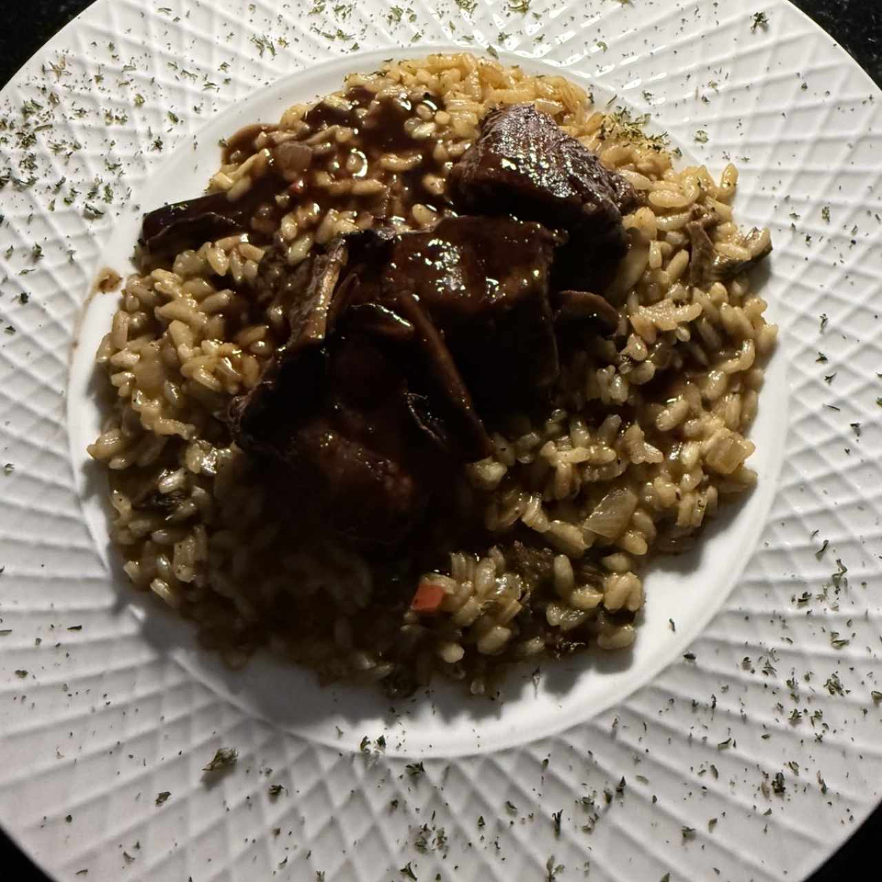 Arroz meloso de hongos y filete 