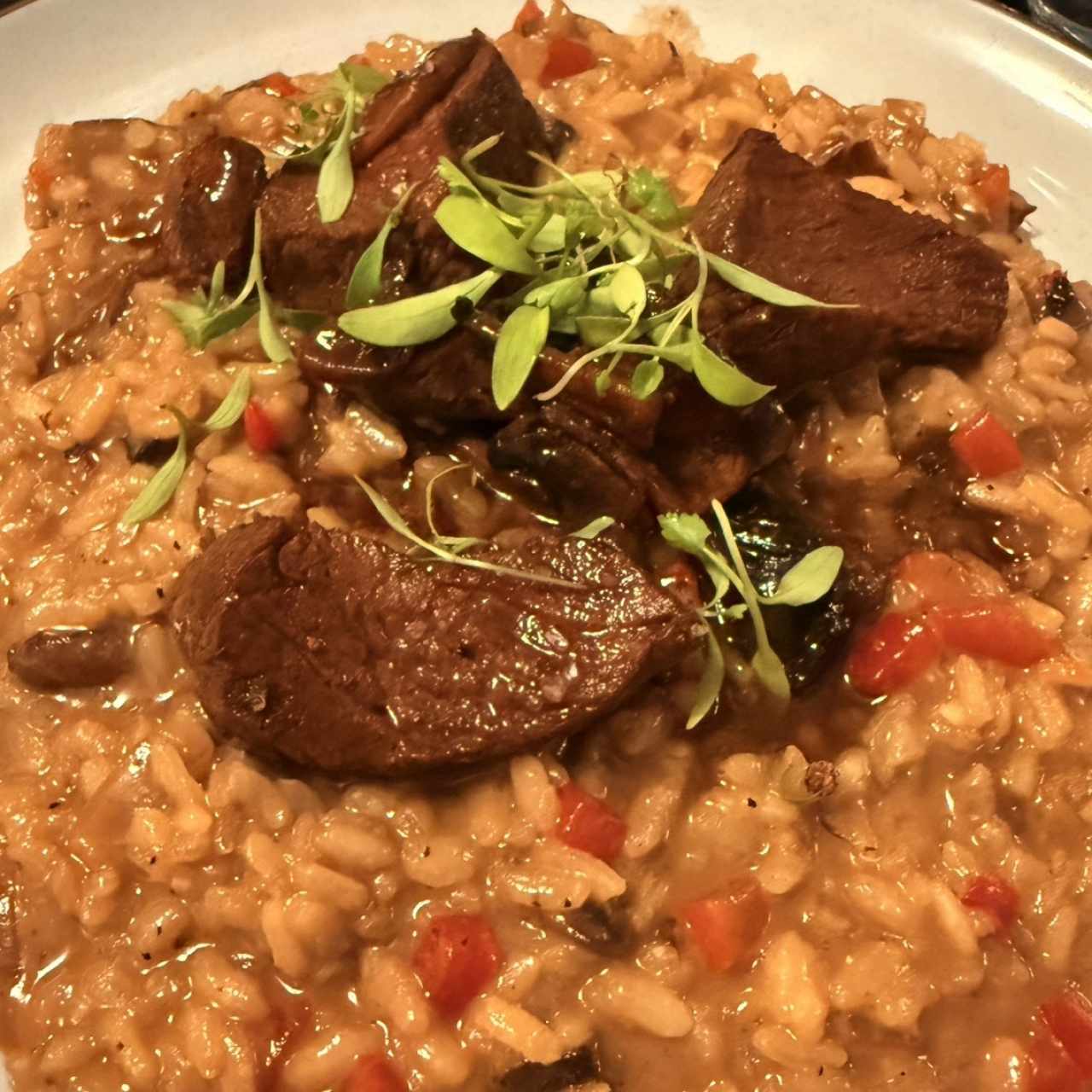 Arroz meloso de hongos y filete de res