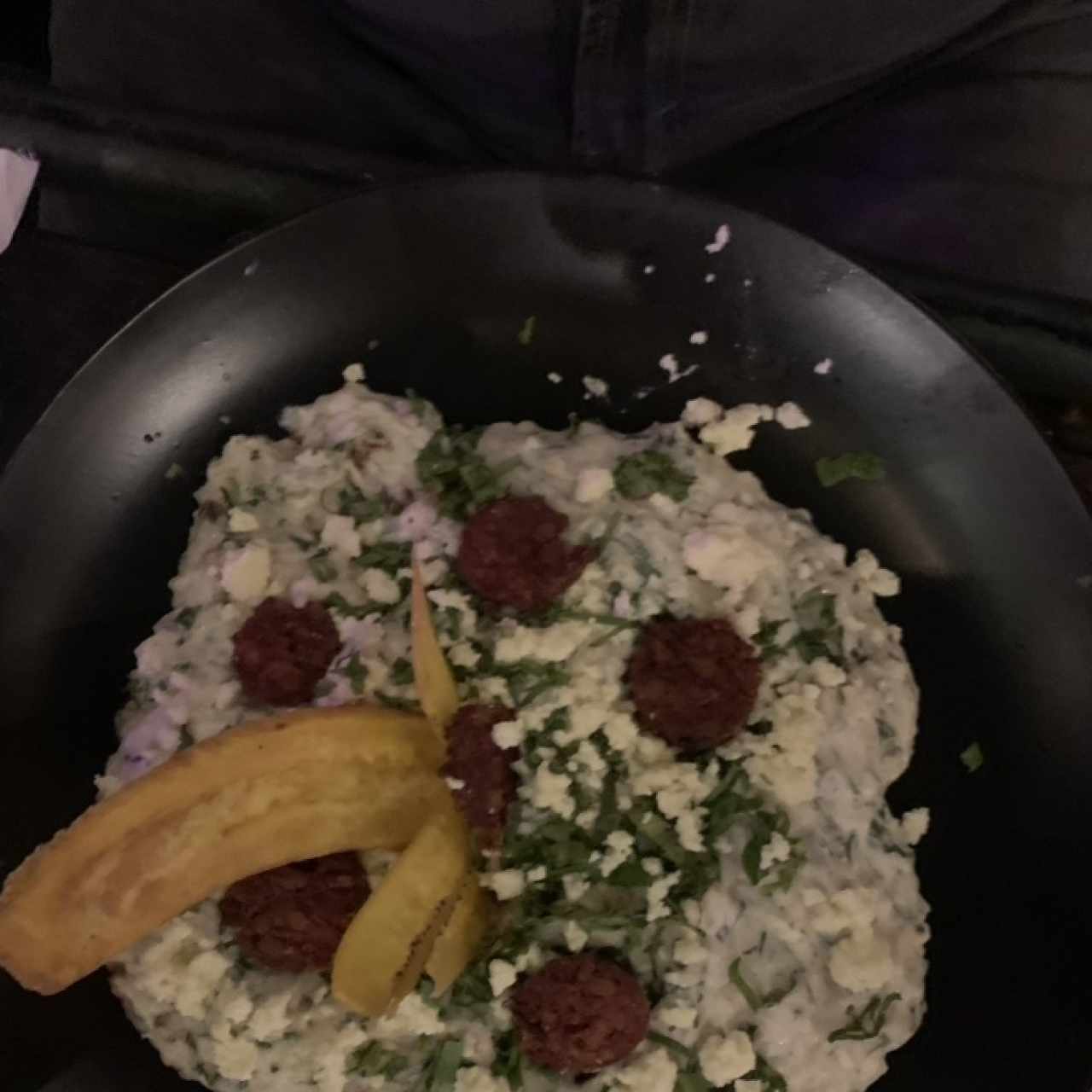 Risotto de Culantro con chorizo tableño y ralladura y Queso Blanco