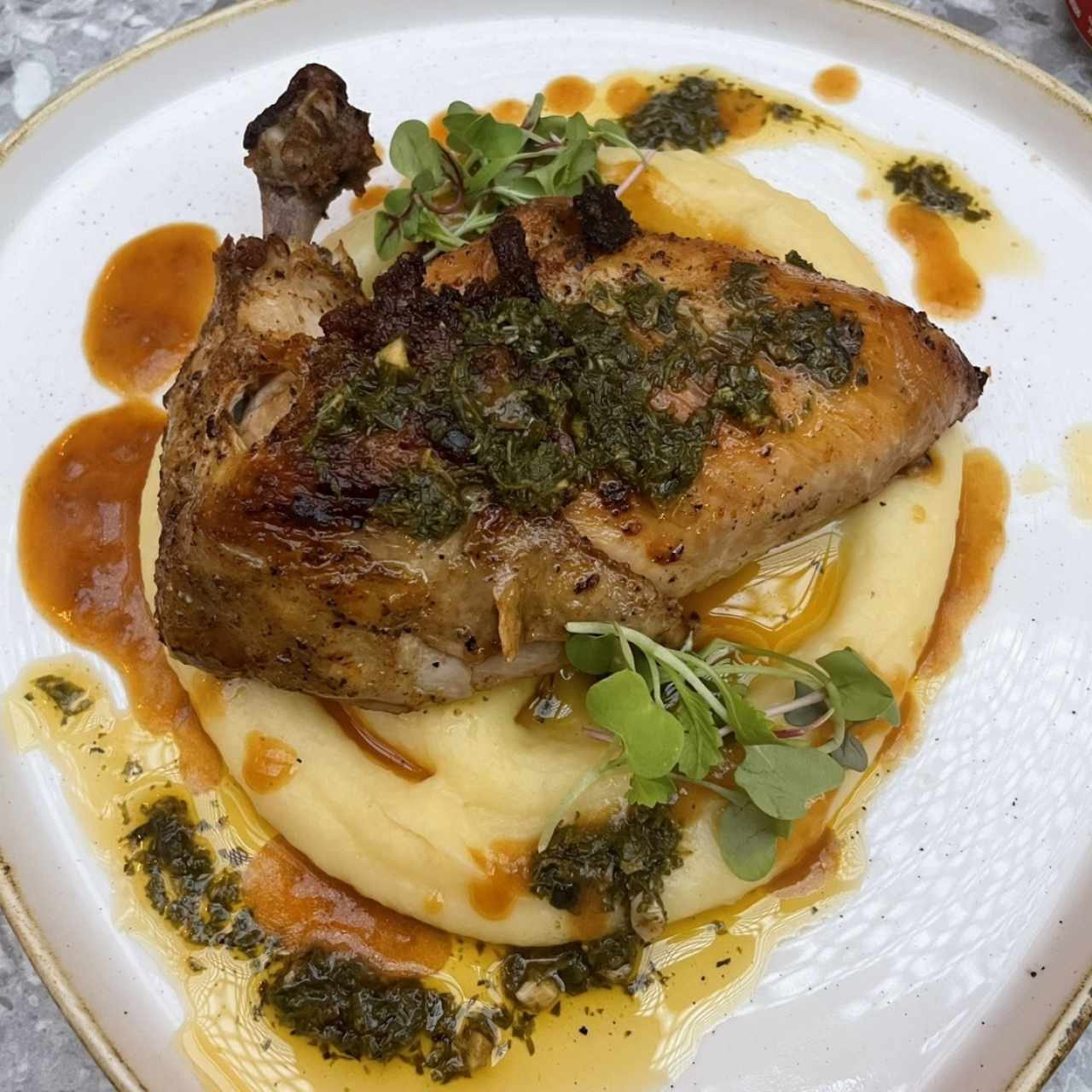 POLLO ASADO CON CHIMICHURRI Y PURÉ DE PAPA
