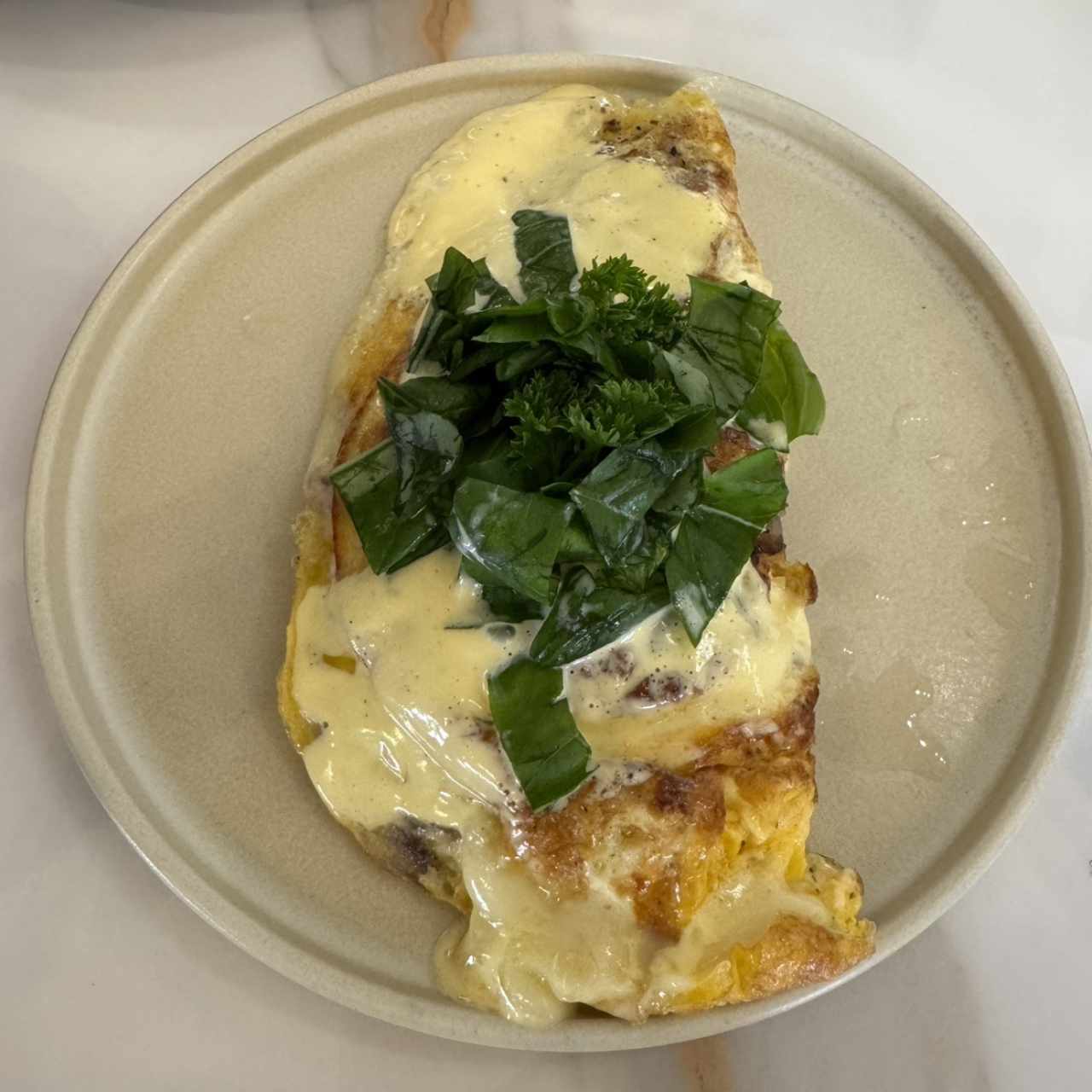 Omelette con queso en salsa blanca
