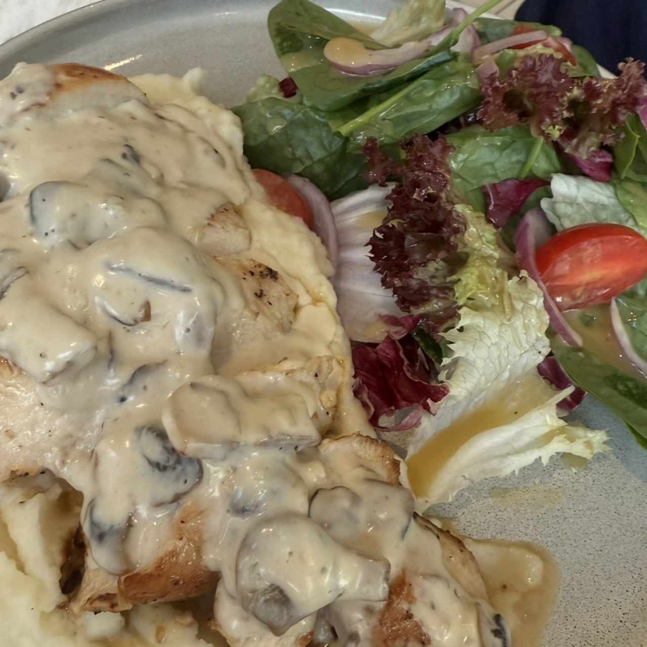 Pechuga de Pollo con salsa de champiñones, puré y ensalada